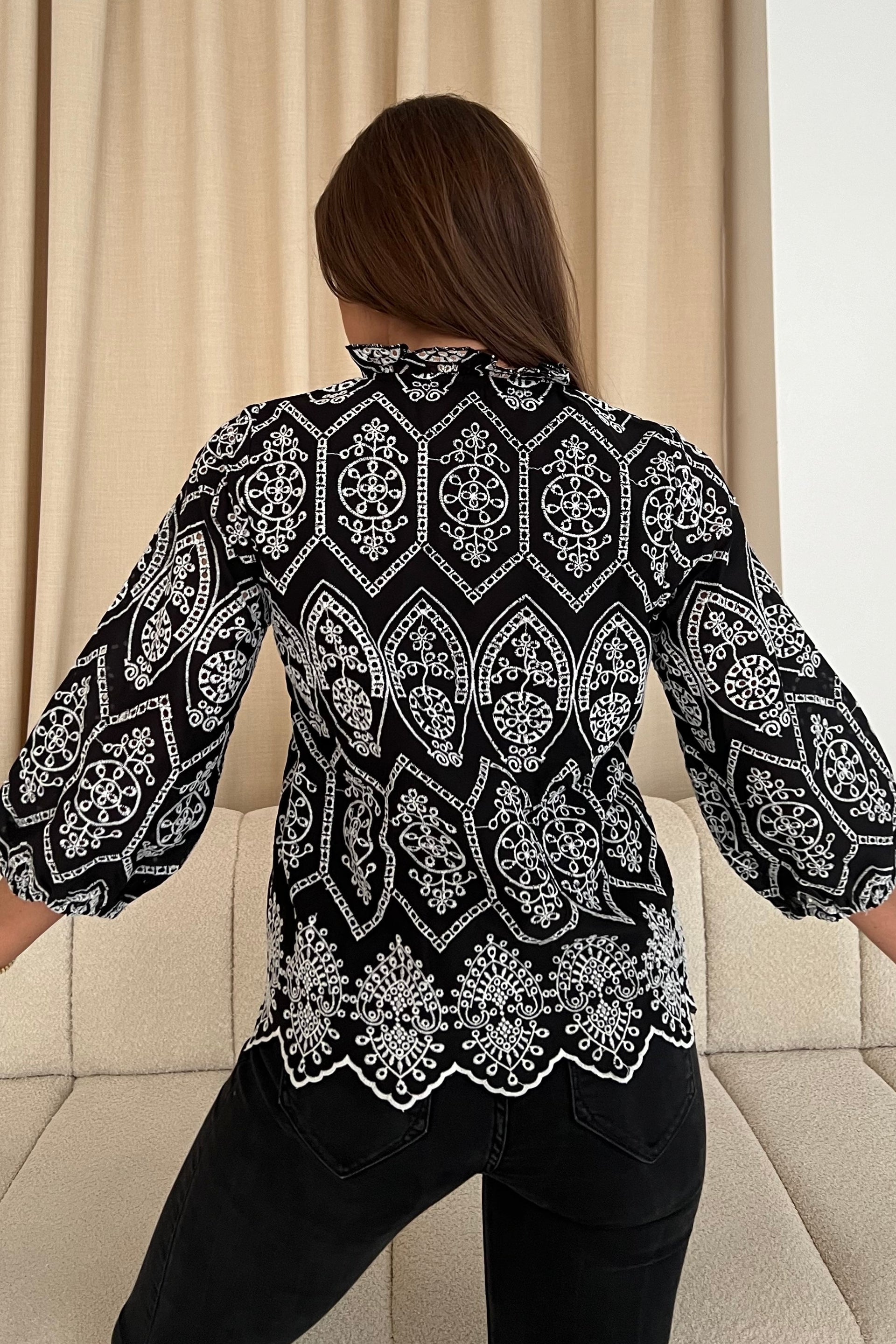 Kate Black and White Cotton Broidery V Neck Blouse