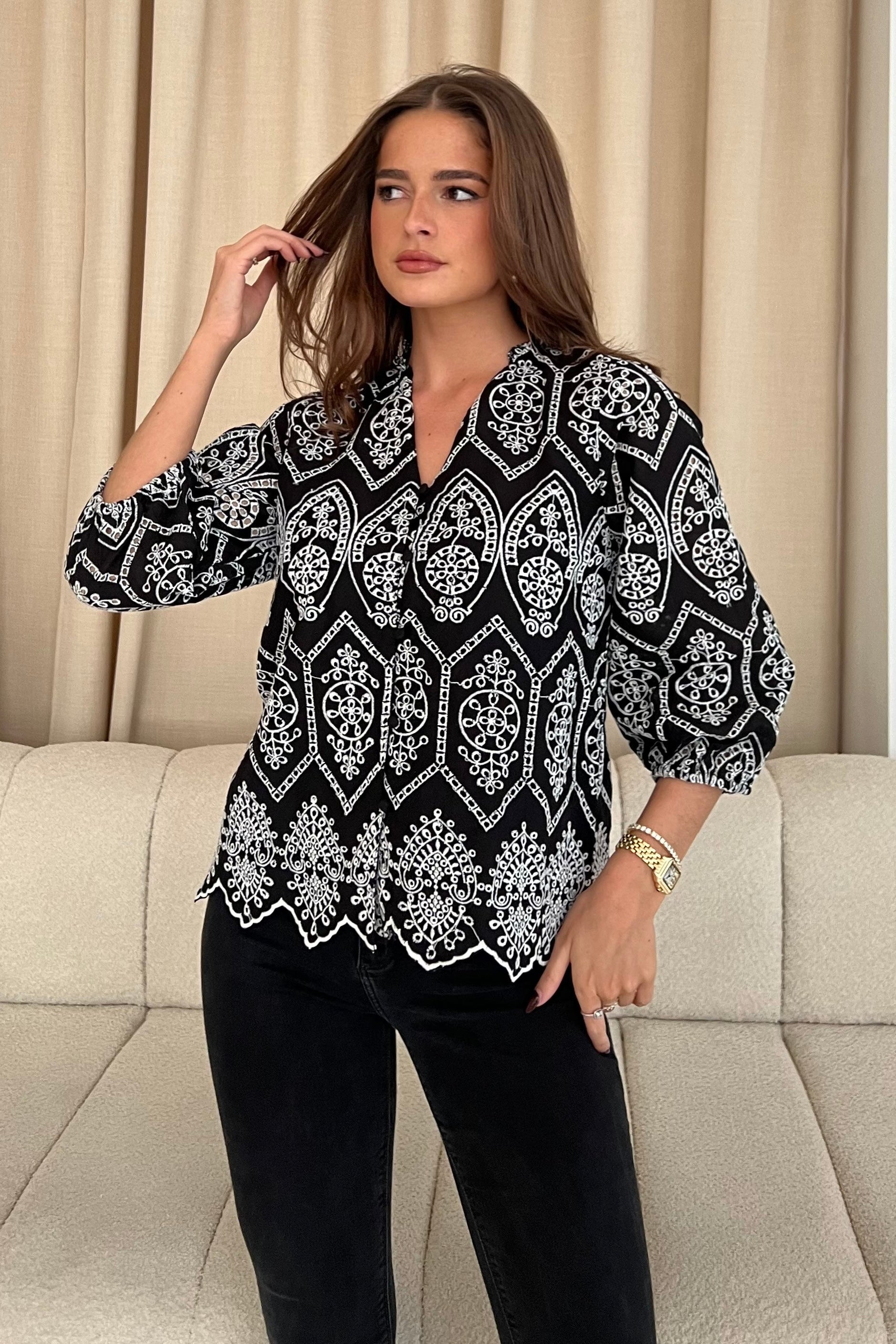 Kate Black and White Cotton Broidery V Neck Blouse