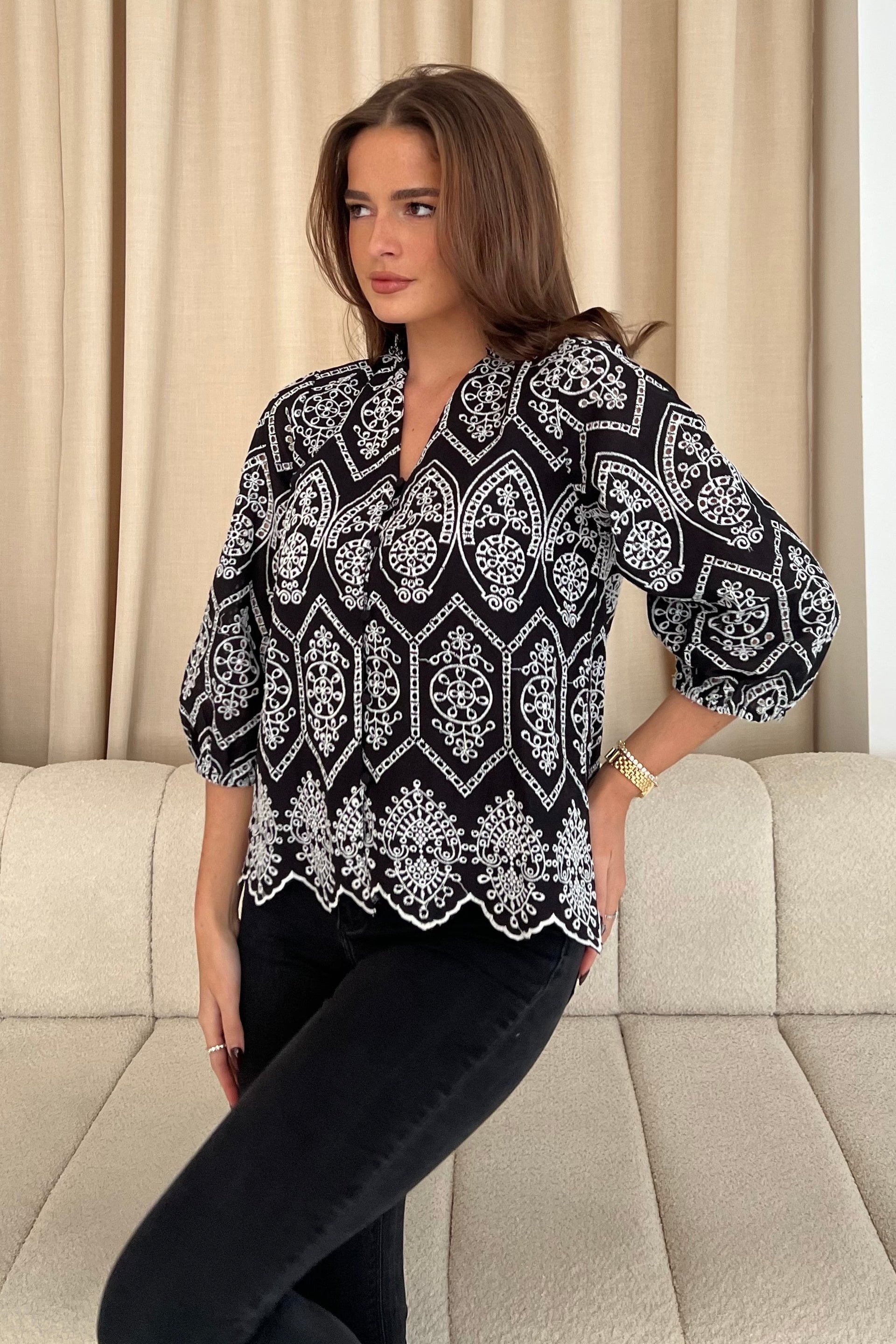 Kate Black and White Cotton Broidery V Neck Blouse