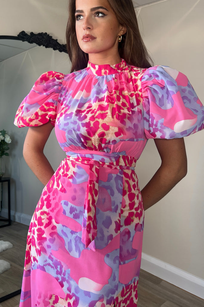 Lilith Multi Animal Puff Sleeve High Neck Midi Dress Girl In Mind Lilith Multi Animal Puff Sleeve High Neck Midi Dress Girl In Mind