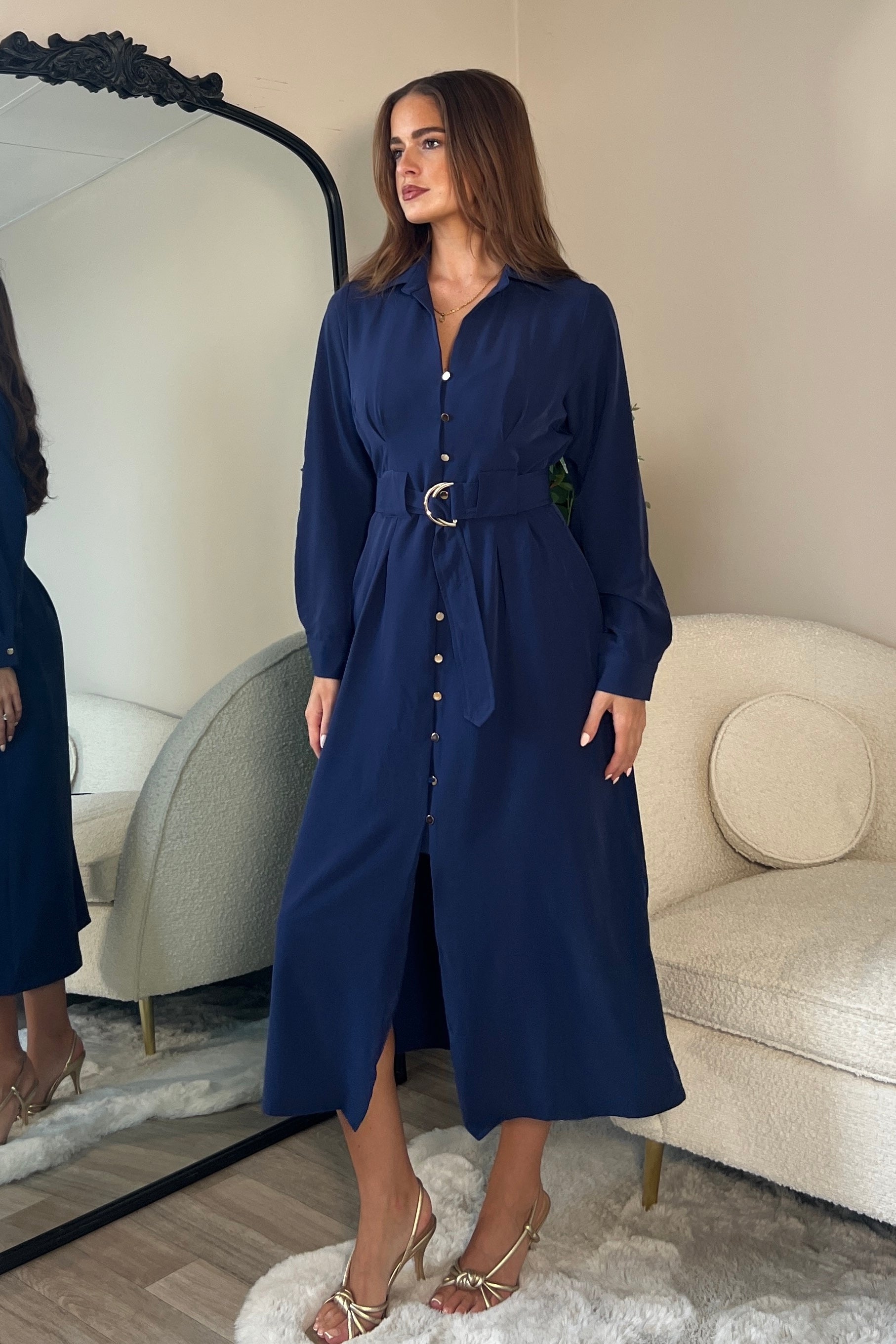 Grace Buckle Detail Navy Midi Shirt Dress