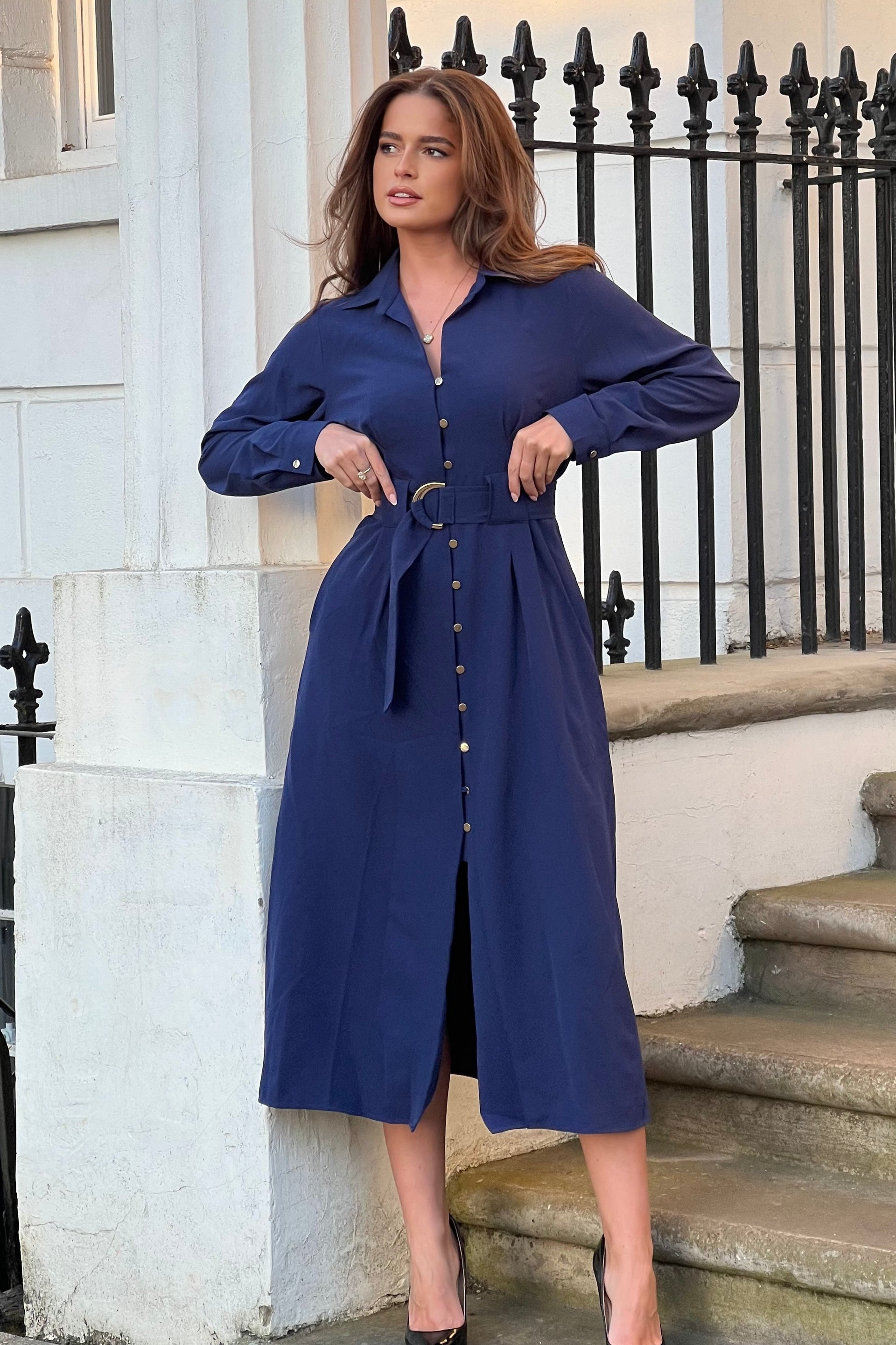 Grace Buckle Detail Navy Midi Shirt Dress
