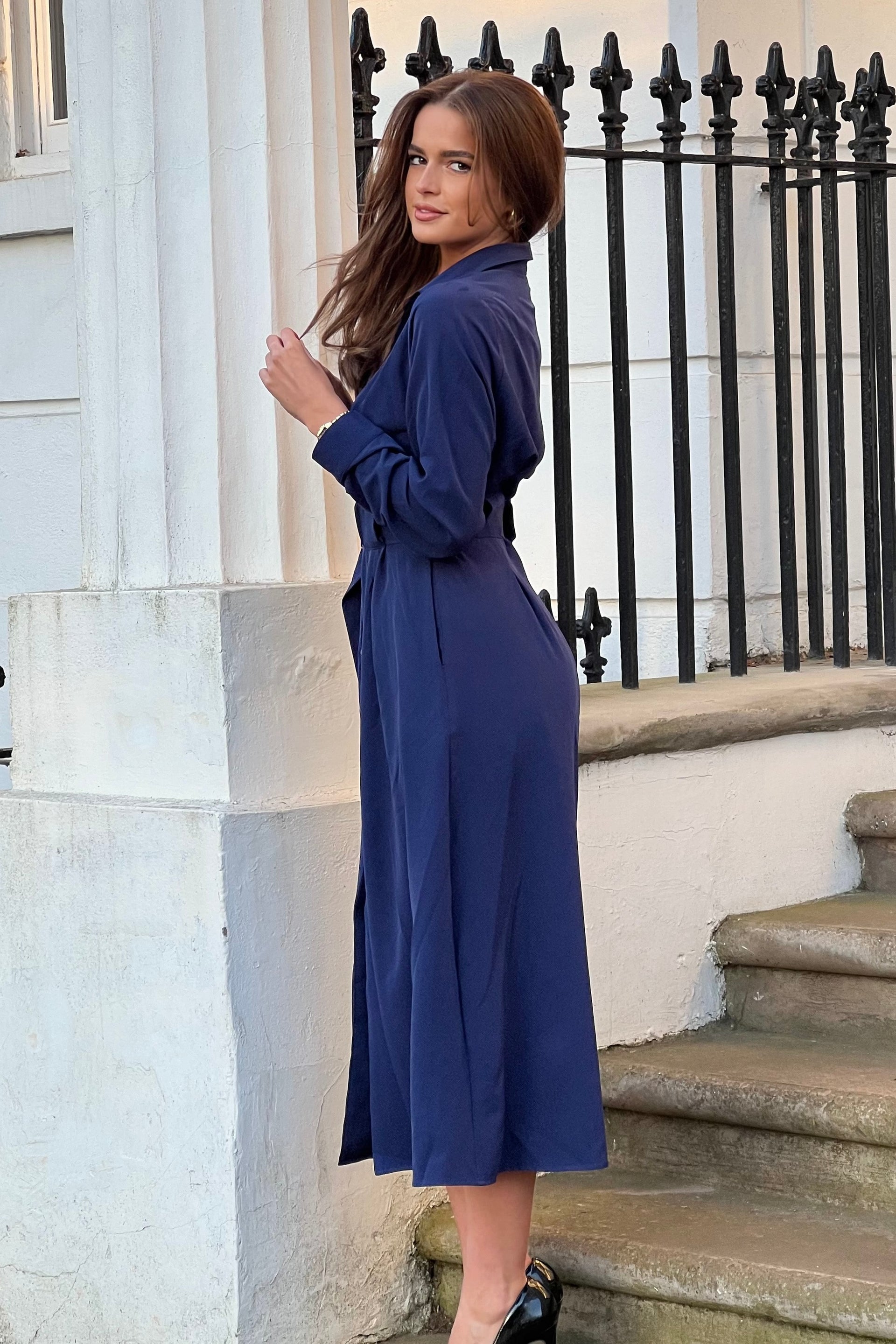 Grace Buckle Detail Navy Midi Shirt Dress
