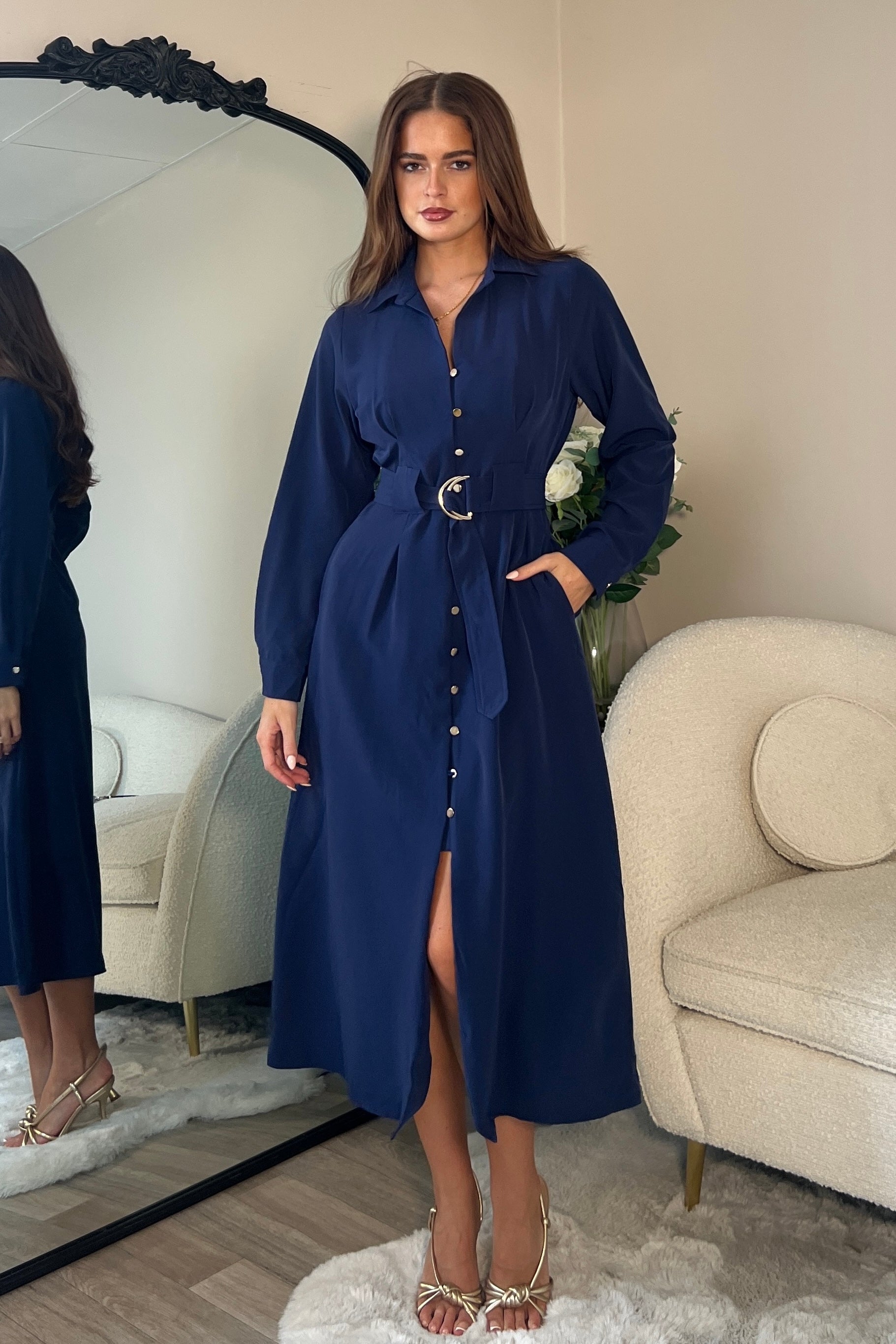 Grace Buckle Detail Navy Midi Shirt Dress