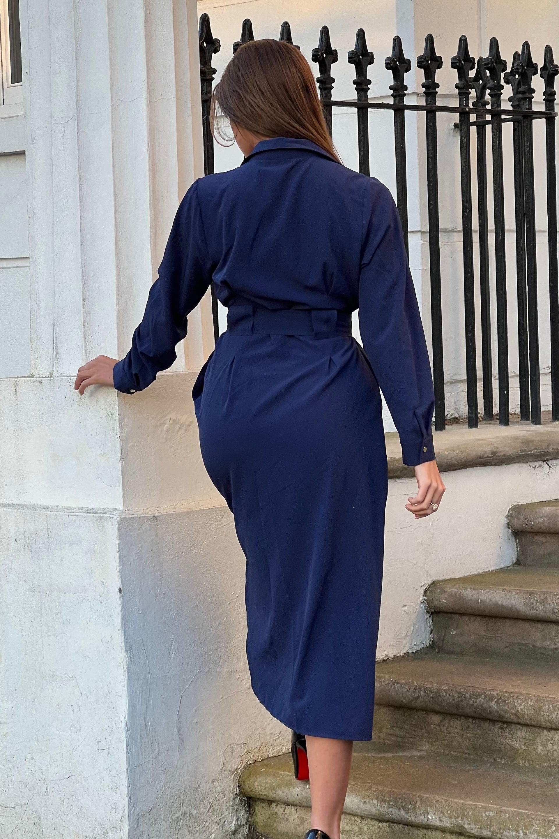 Grace Buckle Detail Navy Midi Shirt Dress