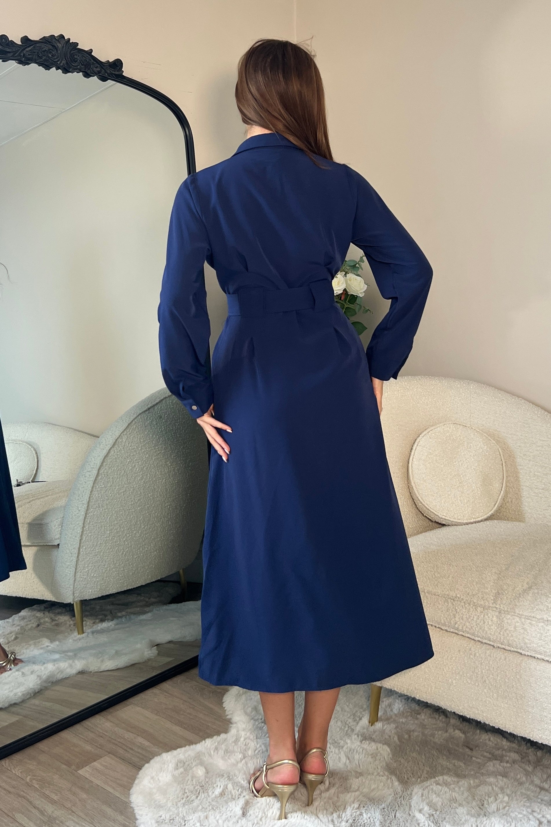 Grace Buckle Detail Navy Midi Shirt Dress