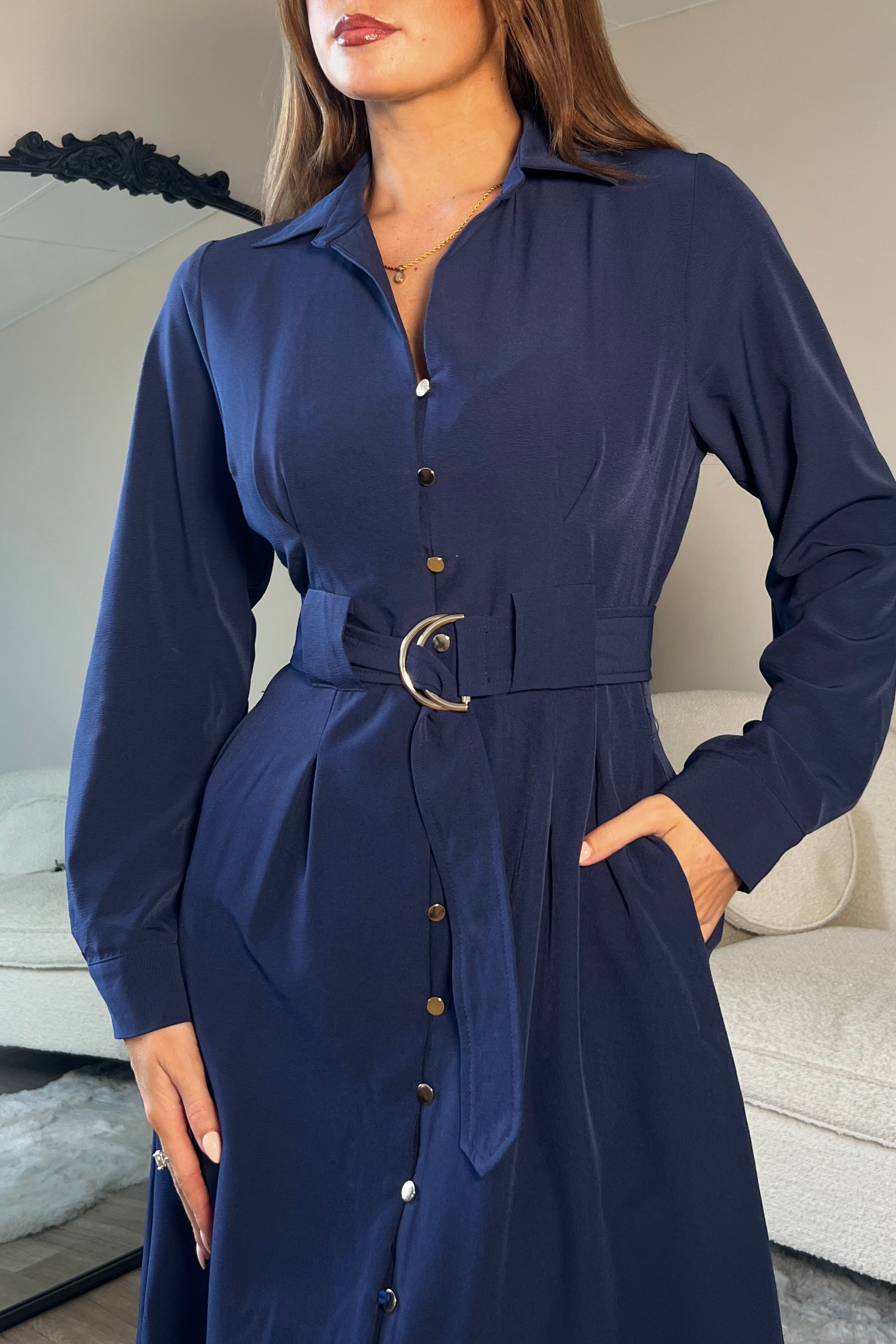 Grace Buckle Detail Navy Midi Shirt Dress