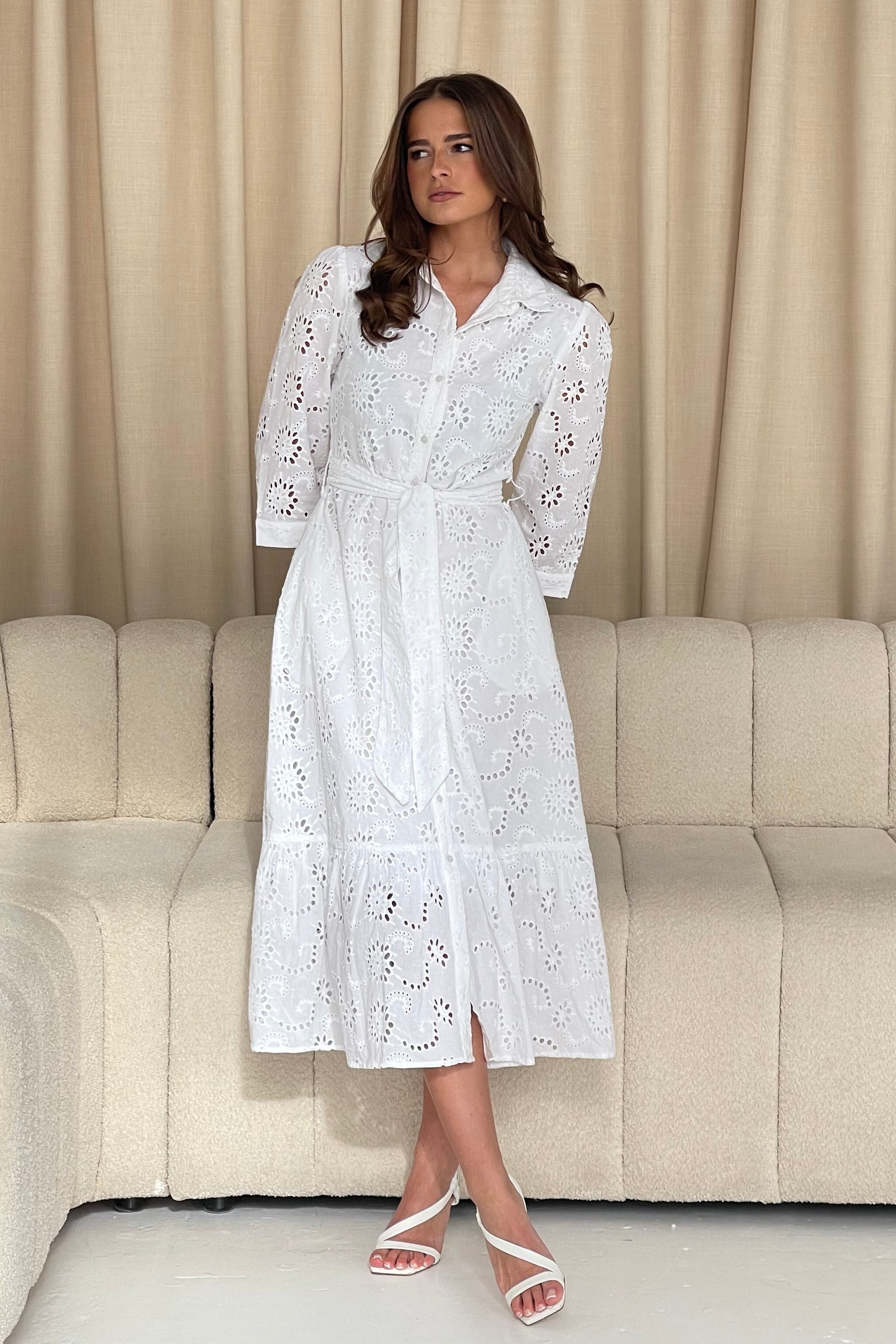 Michelle Broidery Shirt Maxi Dress White