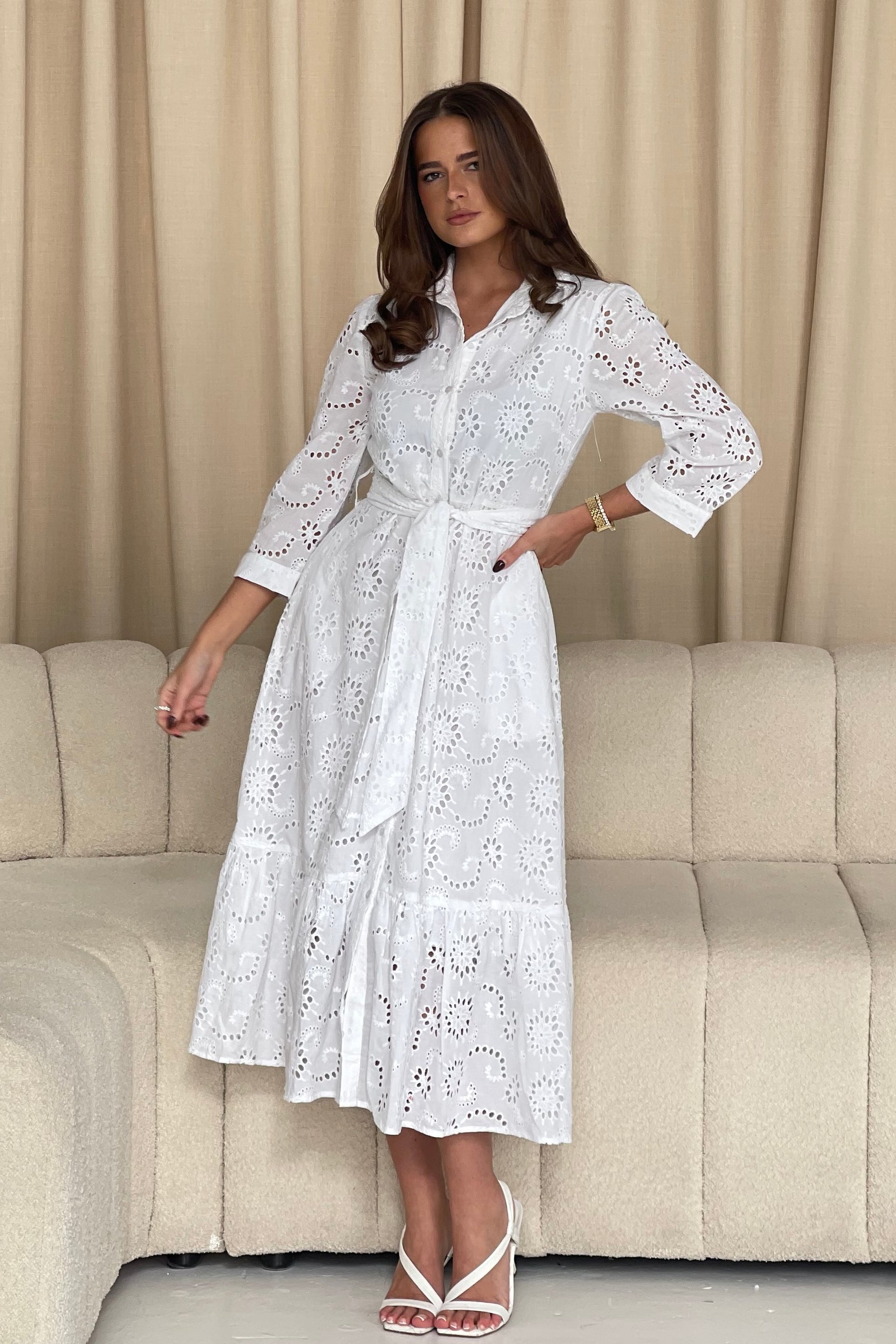 Michelle Broidery Shirt Maxi Dress White