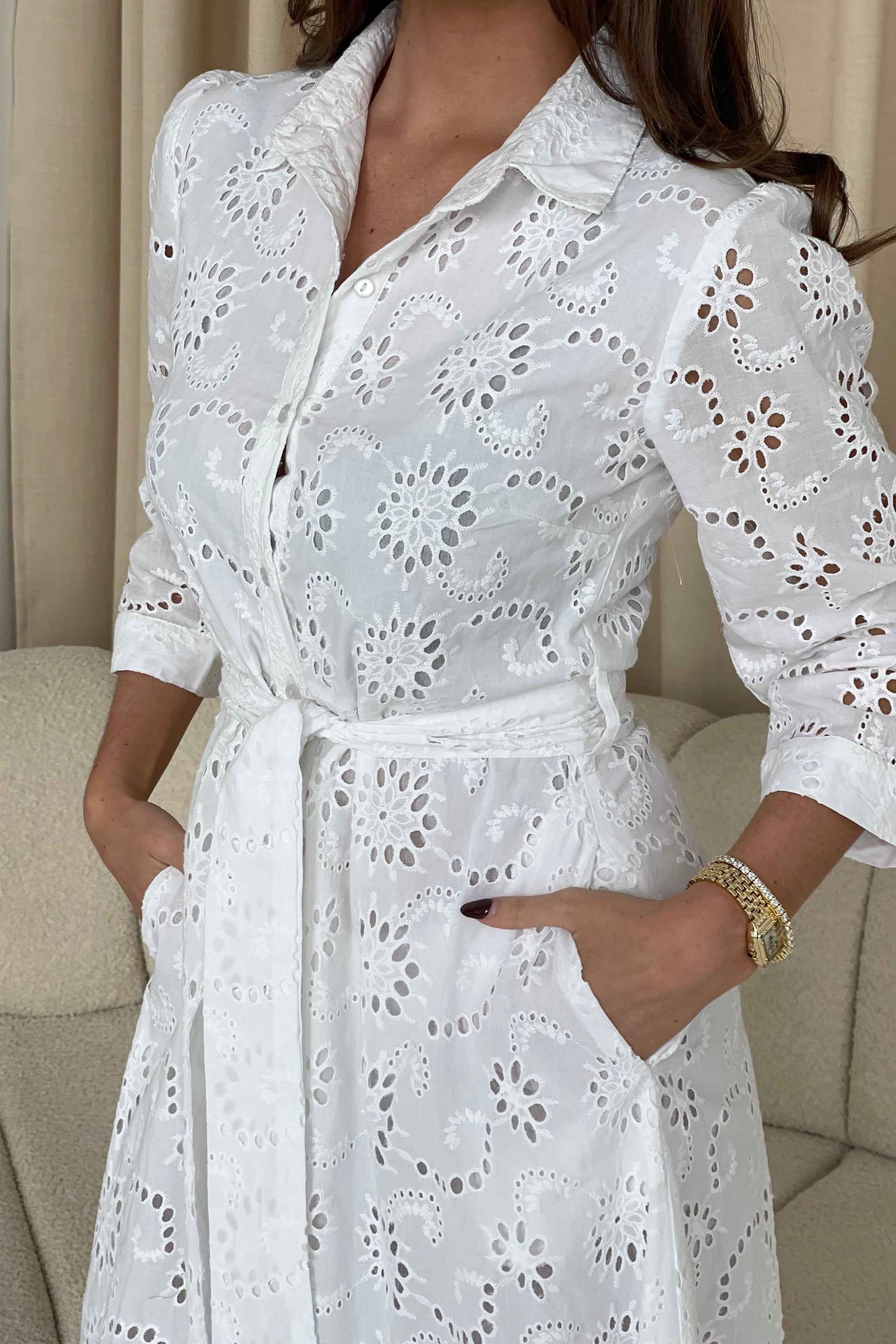 Michelle Broidery Shirt Maxi Dress White