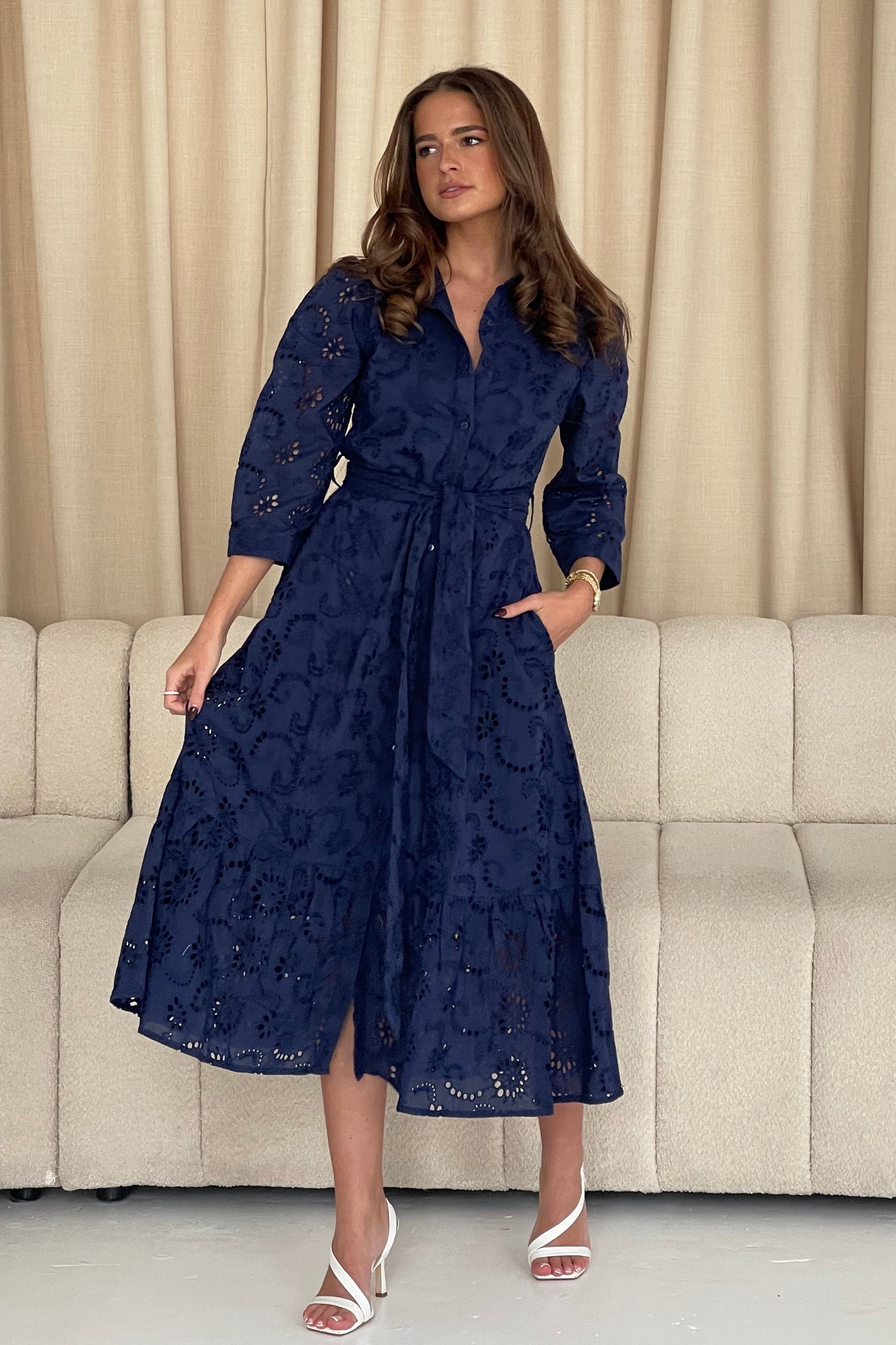 Michelle Broidery Shirt Maxi Dress Navy