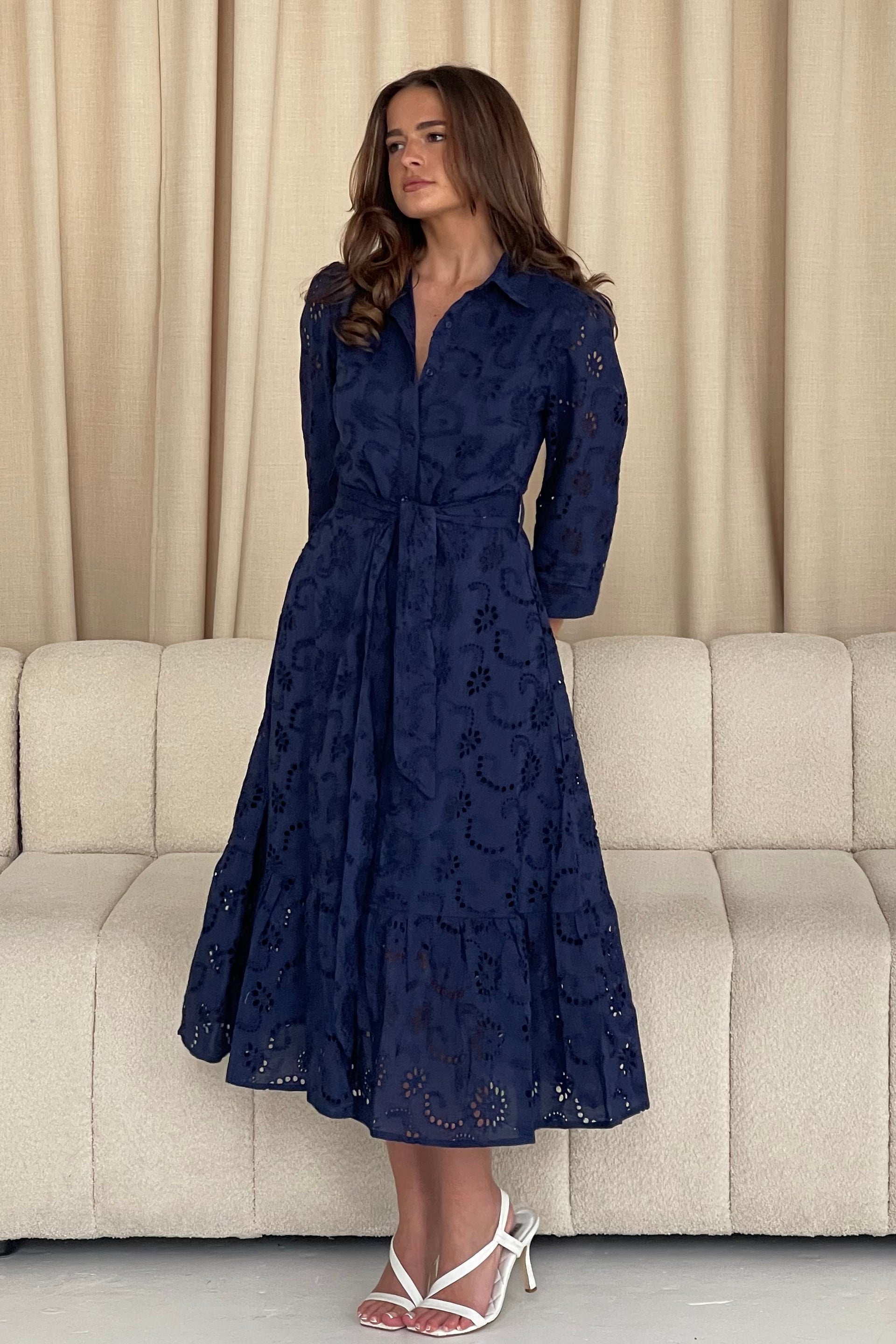 Michelle Broidery Shirt Maxi Dress Navy