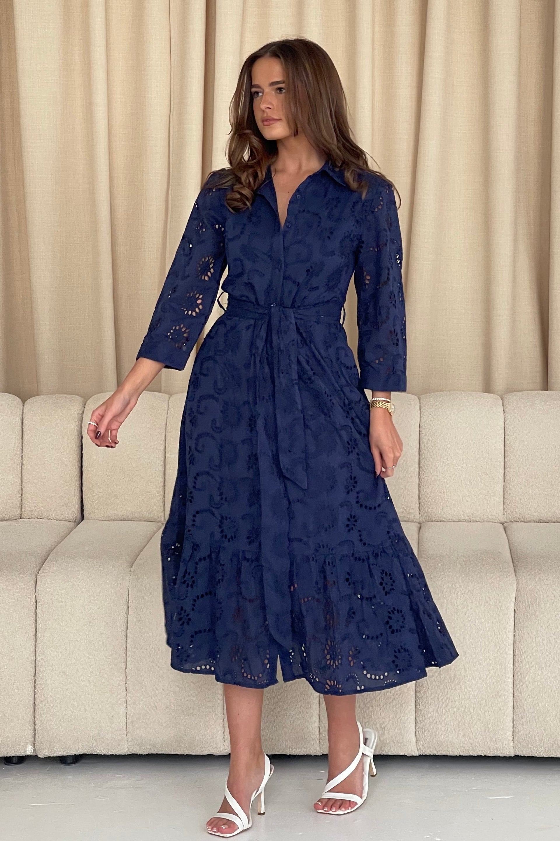 Michelle Broidery Shirt Maxi Dress Navy