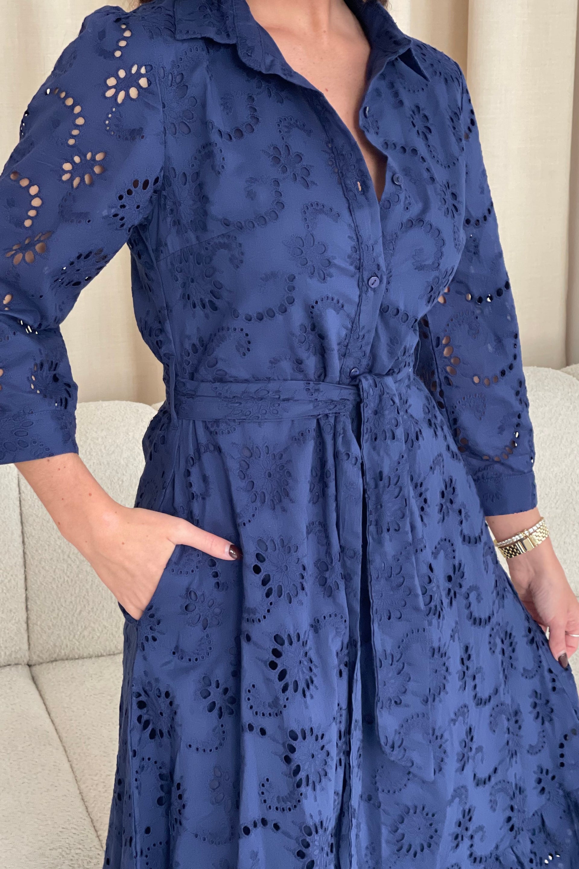 Michelle Broidery Shirt Maxi Dress Navy