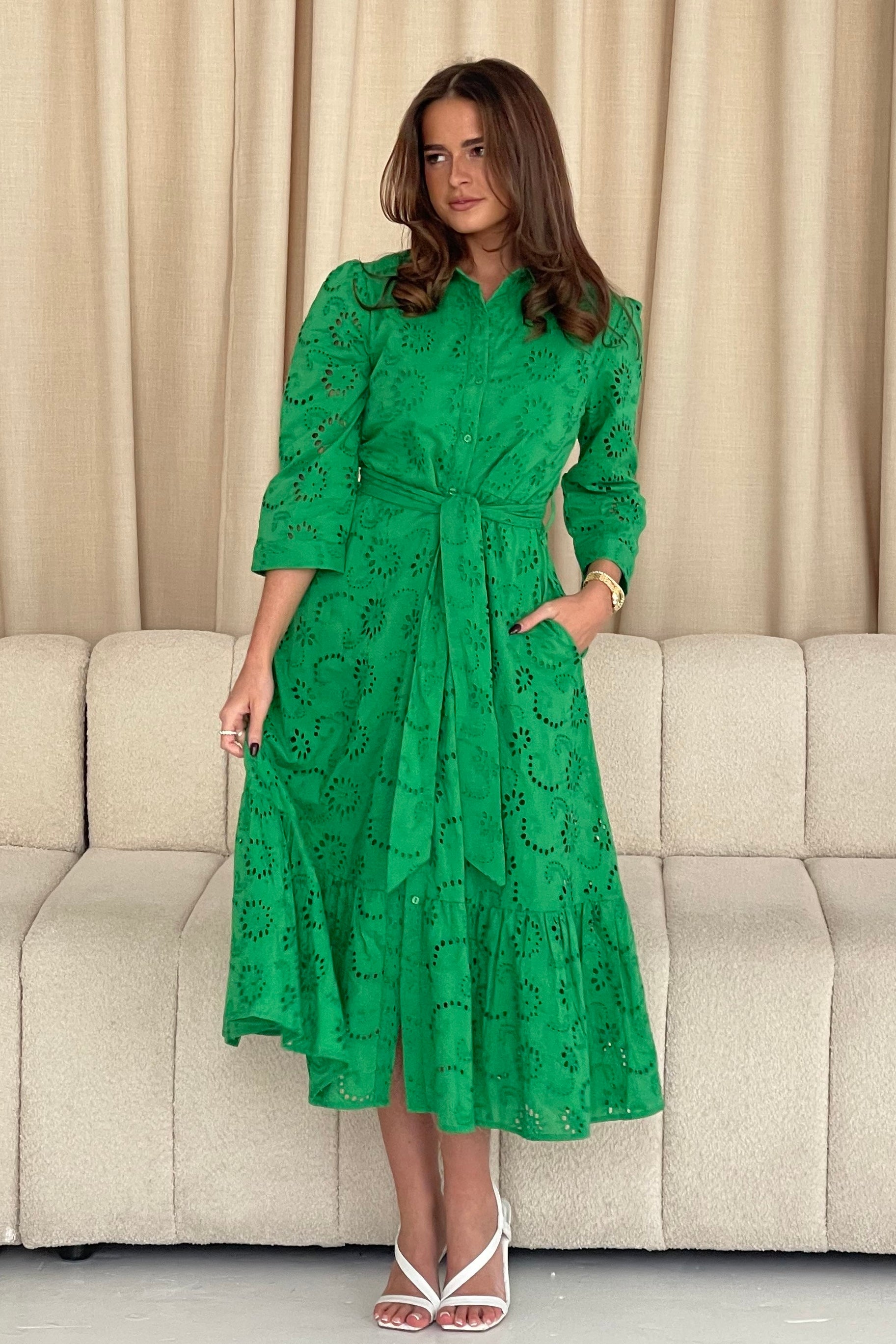 Michelle Broidery Shirt Maxi Dress Green