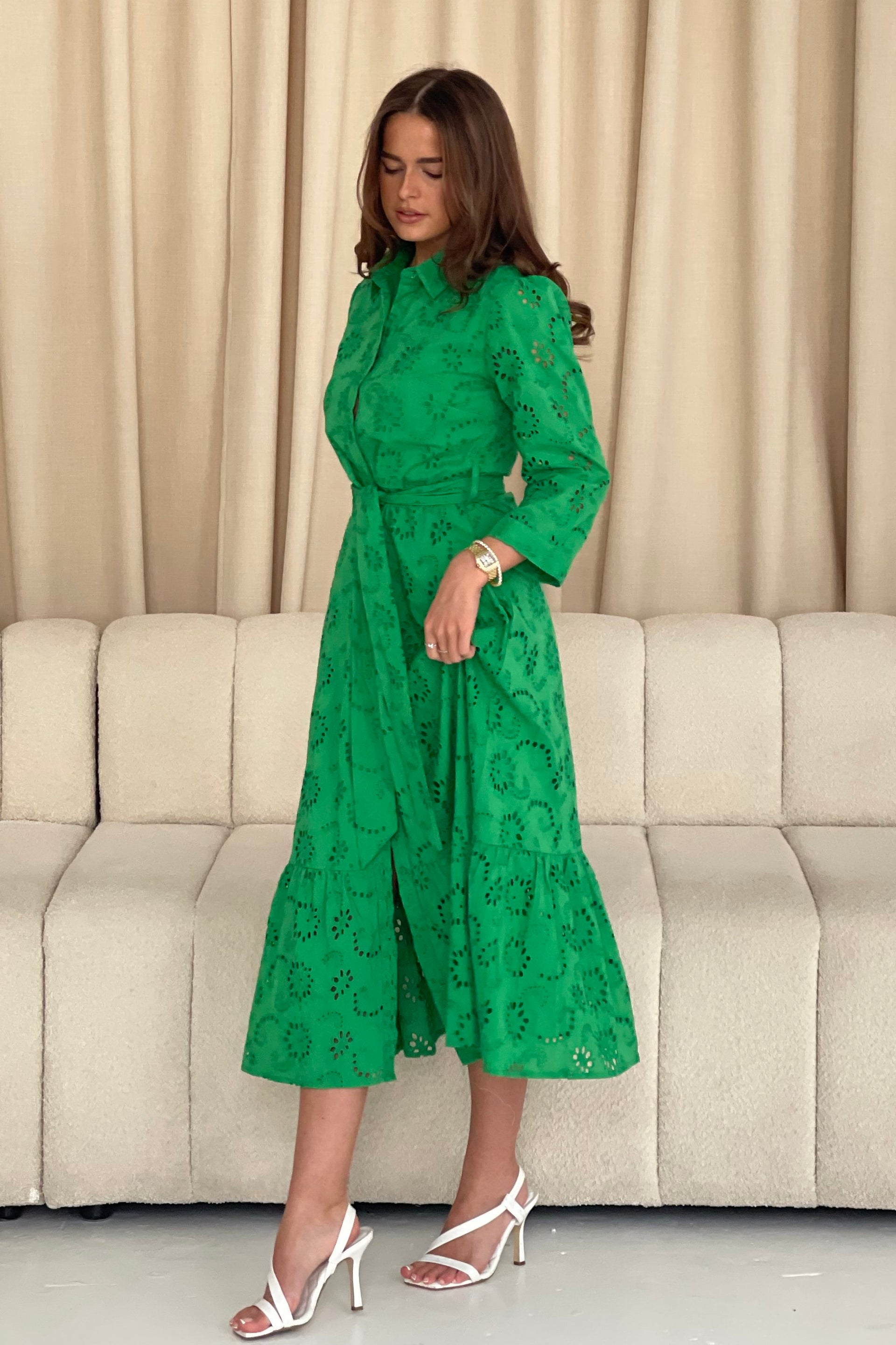 Michelle Broidery Shirt Maxi Dress Green