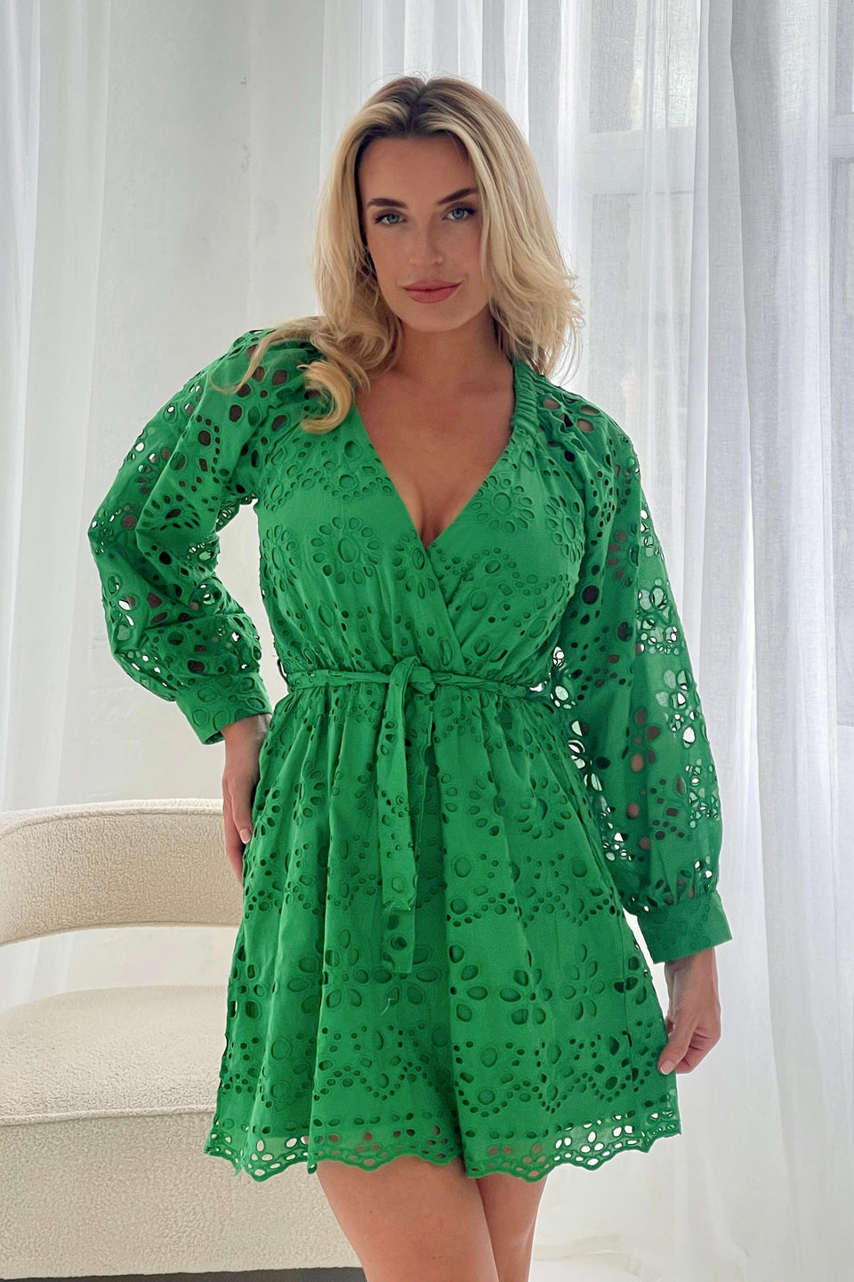 Elowen Broidery Wrap Neck Mini Dress Green
