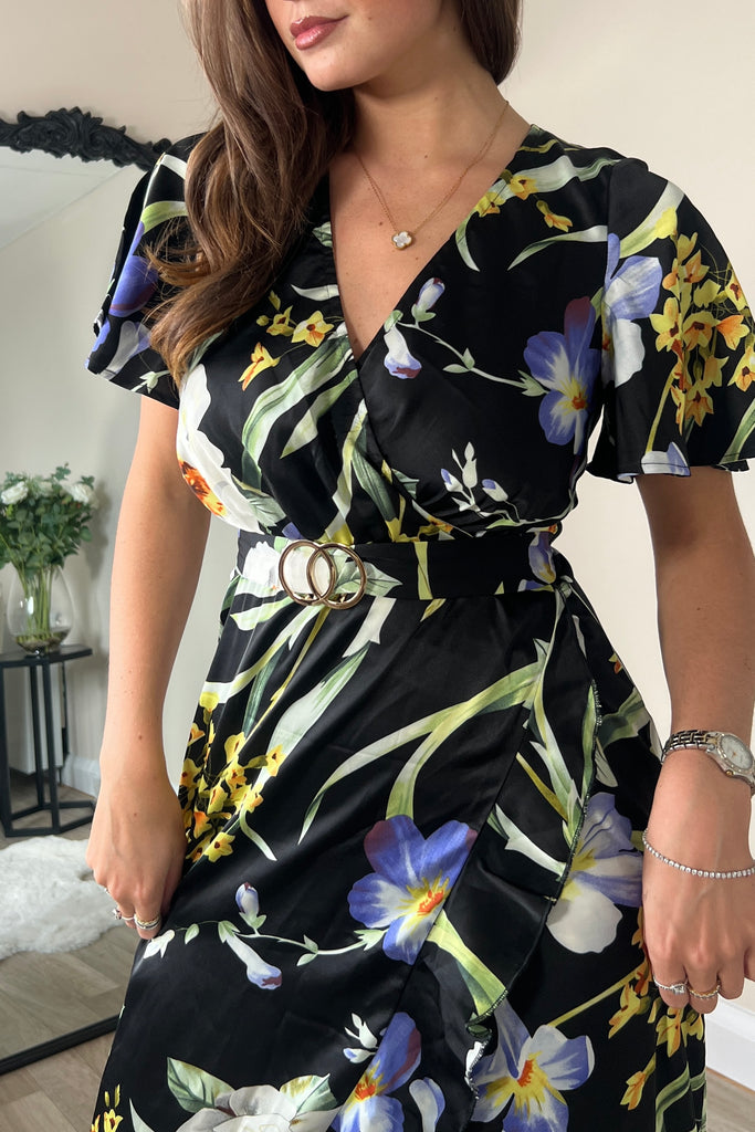 Black floral wrap dress best sale