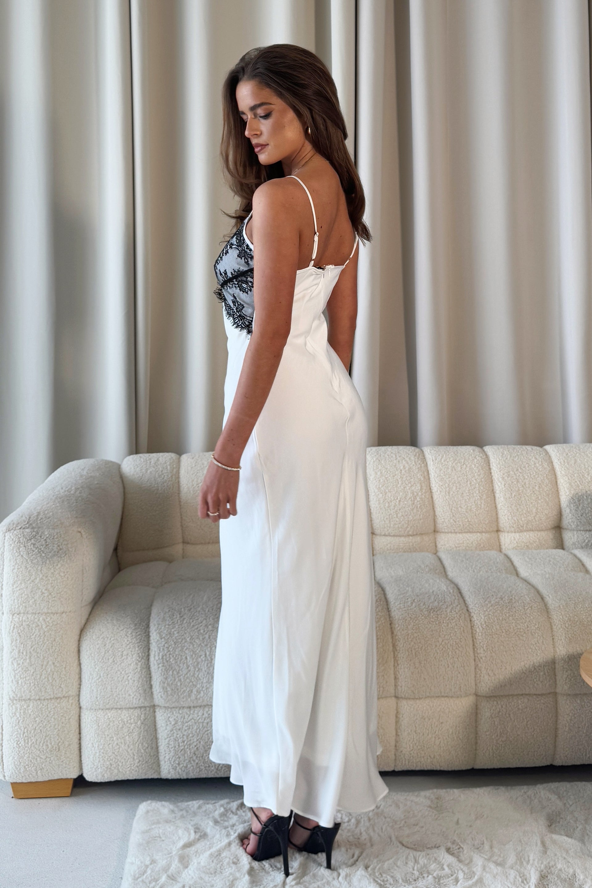 Anne White Slip Dress With Black Lace