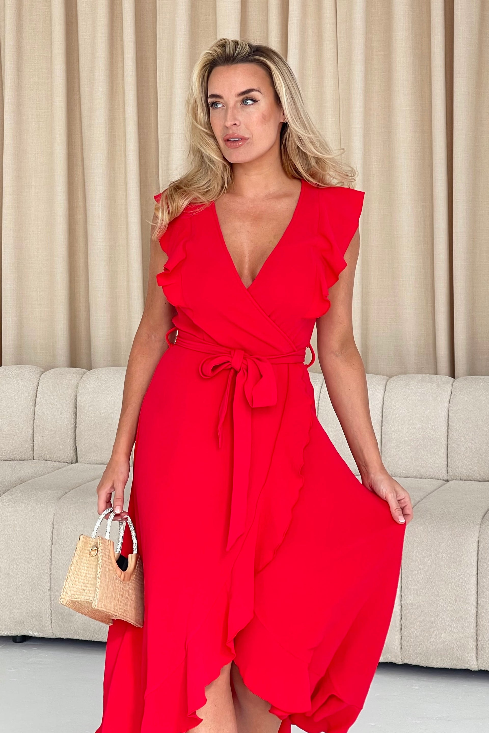 Diana Frill Wrap Midi Dress Red
