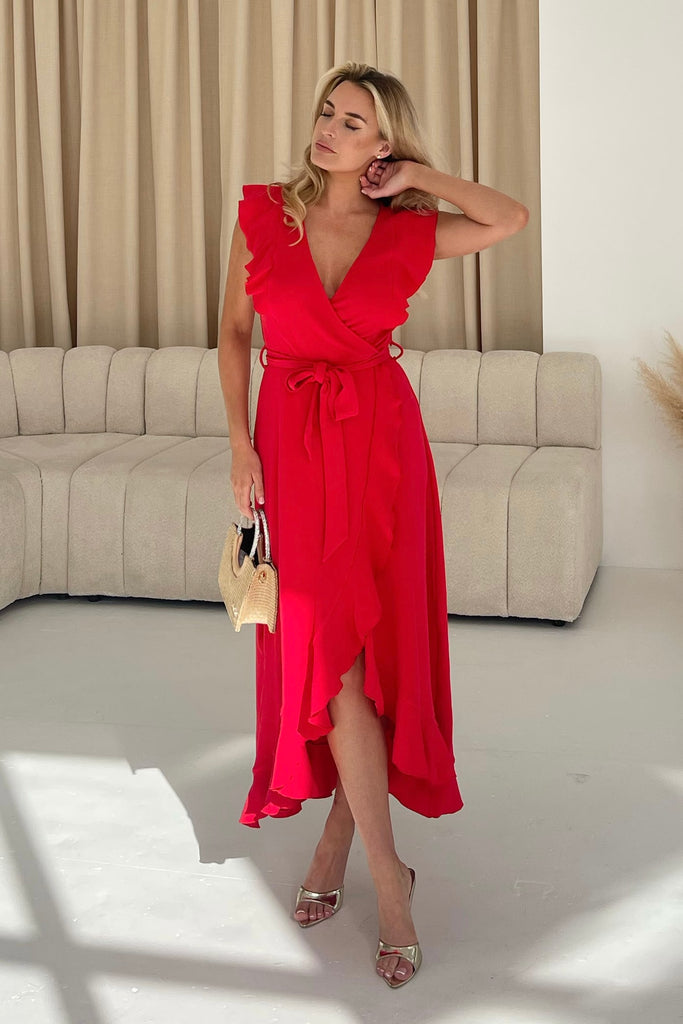 Diana Frill Wrap Midi Dress Red - Main Image