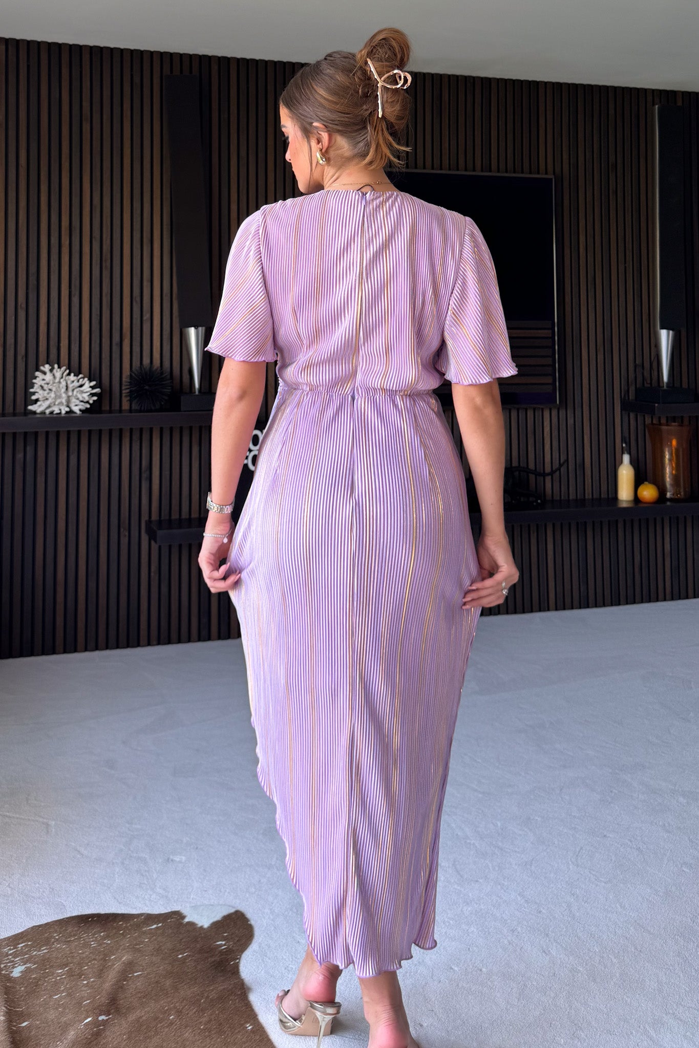 Natasha Lilac Metallic Angel Sleeve Wrap Midi Dress