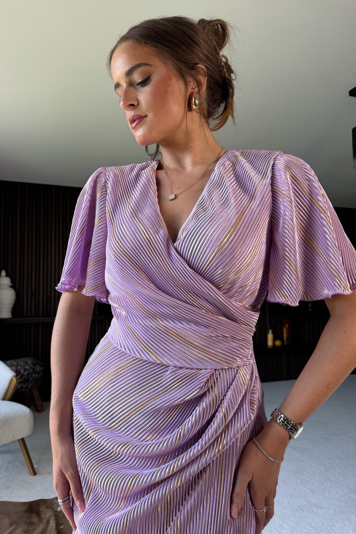 Natasha Lilac Metallic Angel Sleeve Wrap Midi Dress