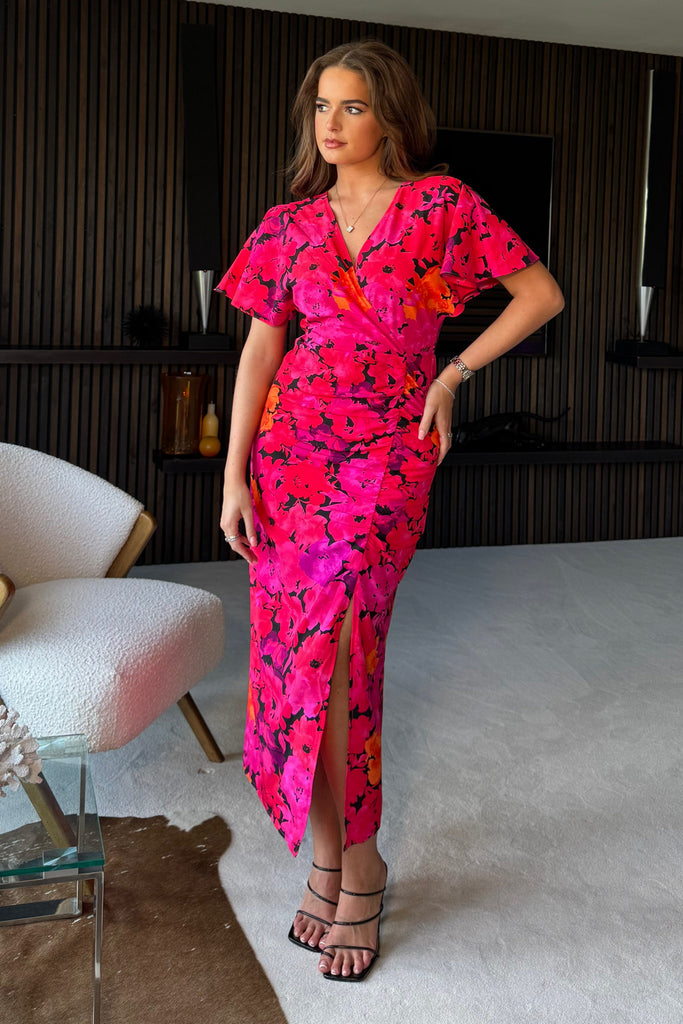 dark pink wrap midi dress in mixed print Priscilla Wrap Over Ruched Detail Midi Dress Pink Floral – Girl In Mind