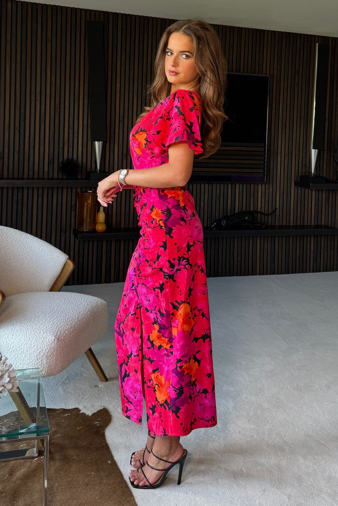 dark pink wrap midi dress in mixed print Priscilla Wrap Over Ruched Detail Midi Dress Pink Floral – Girl In Mind