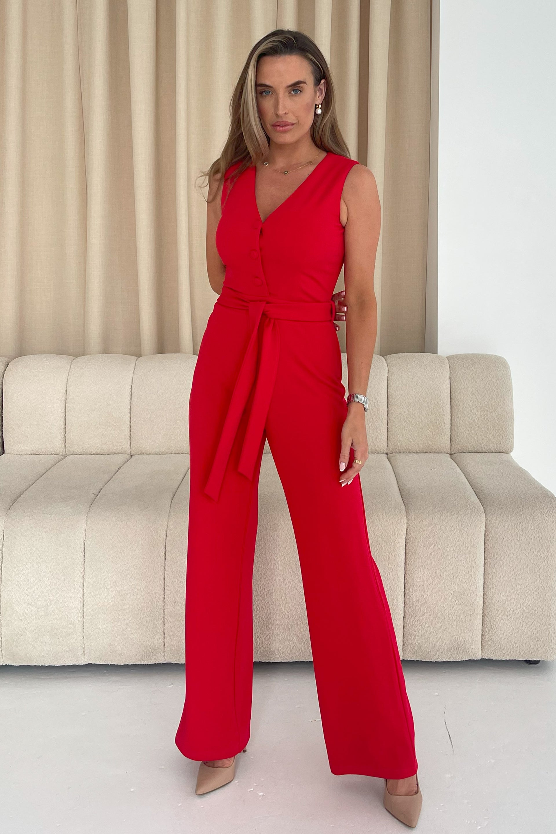 Trisha Tailored Waistcoat Jumpsuit Red