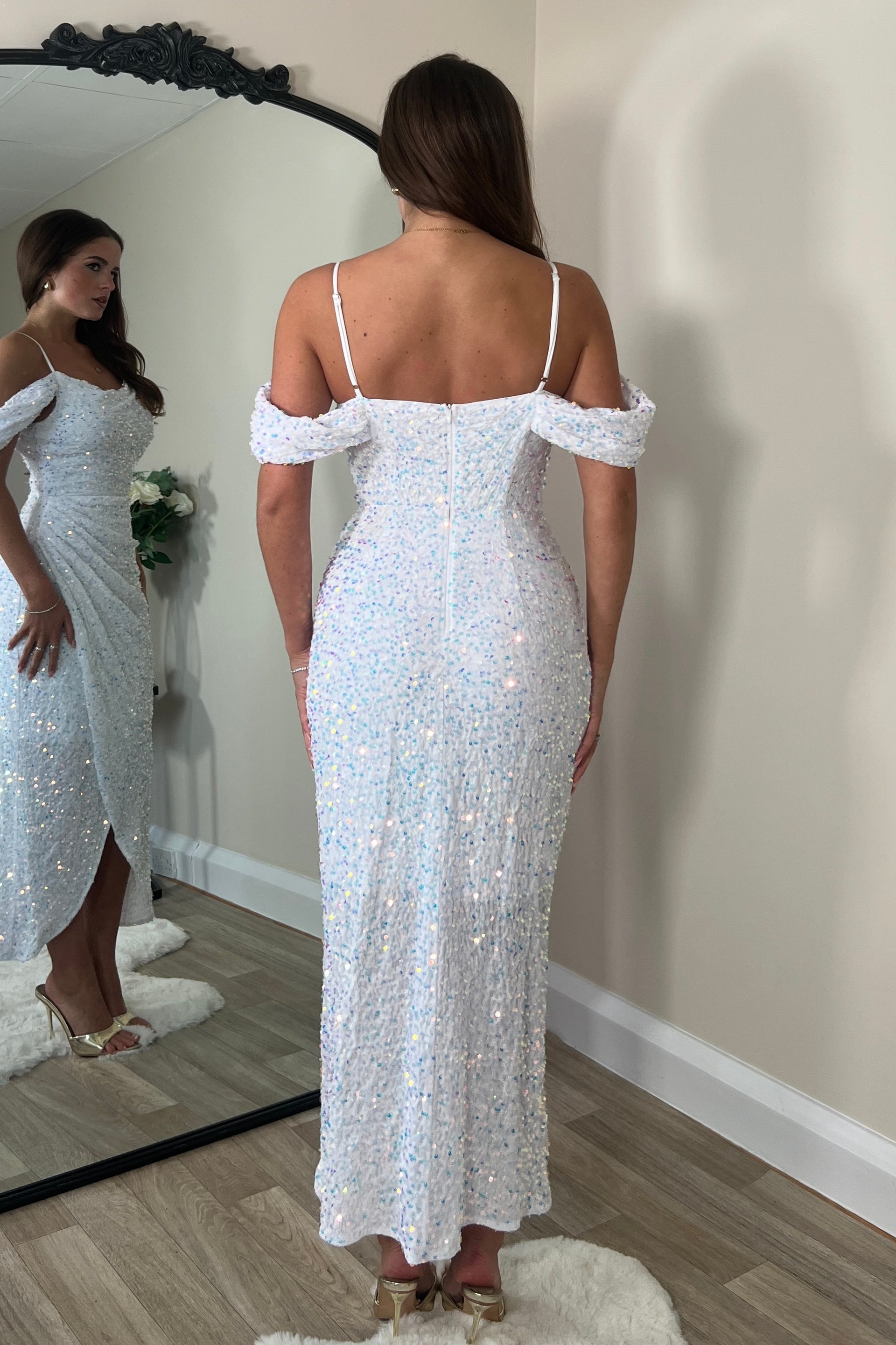 Camila White Sequin Wrap Over Midi Dress