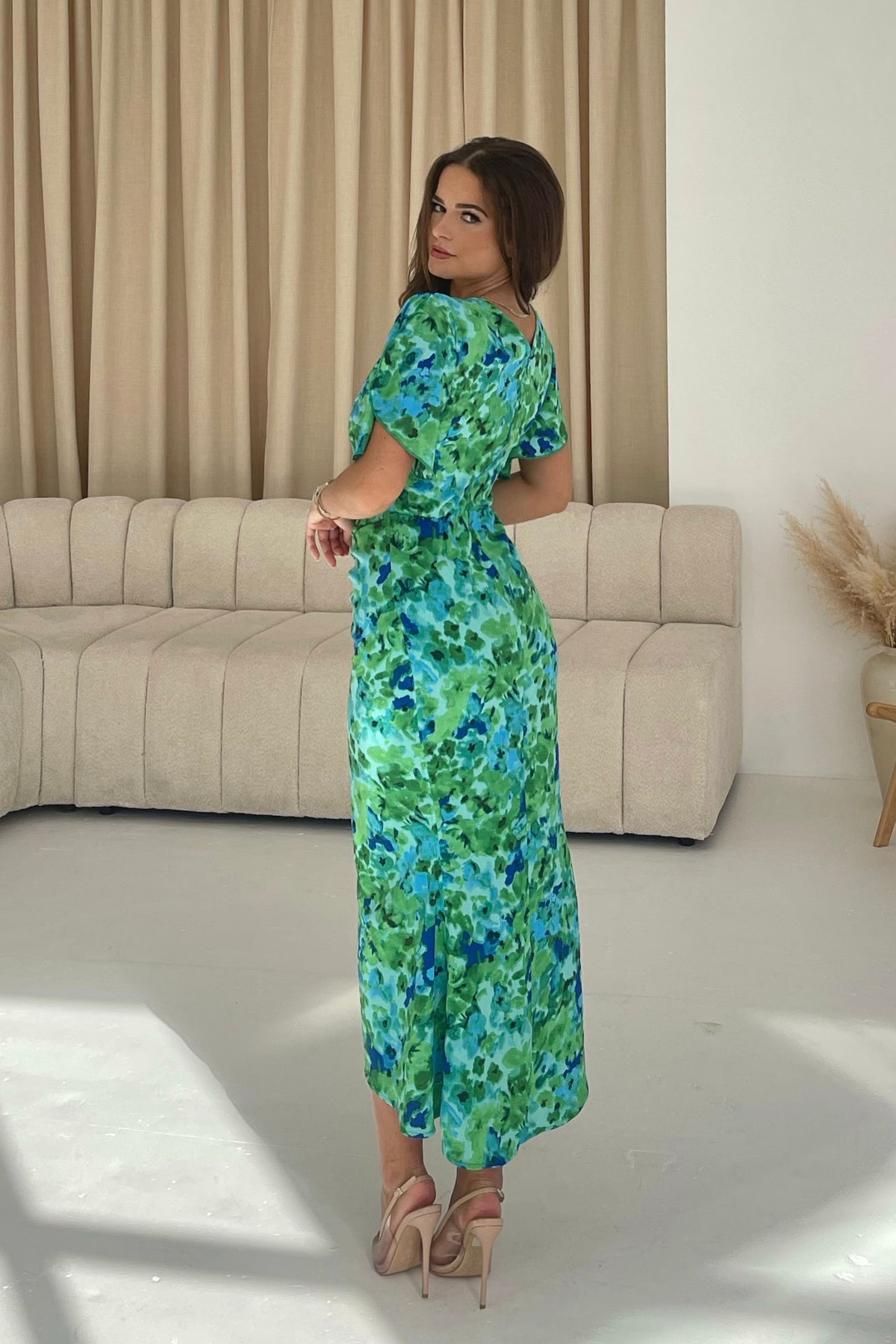 Cleo Green Print Ruched Detail Midi Dress