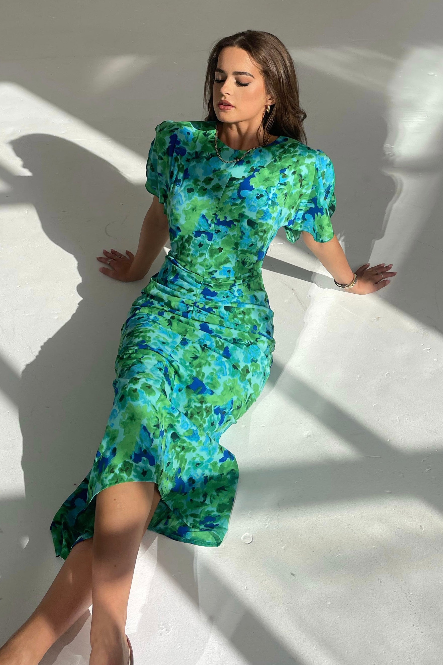 Cleo Green Print Ruched Detail Midi Dress