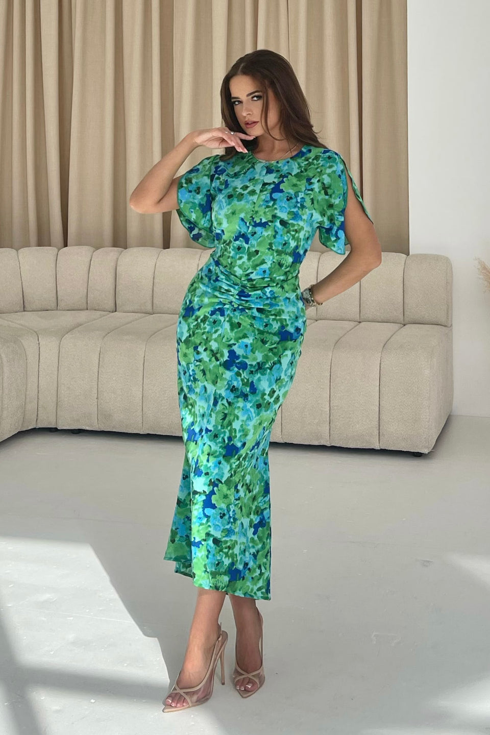 Cleo Green Print Ruched Detail Midi Dress