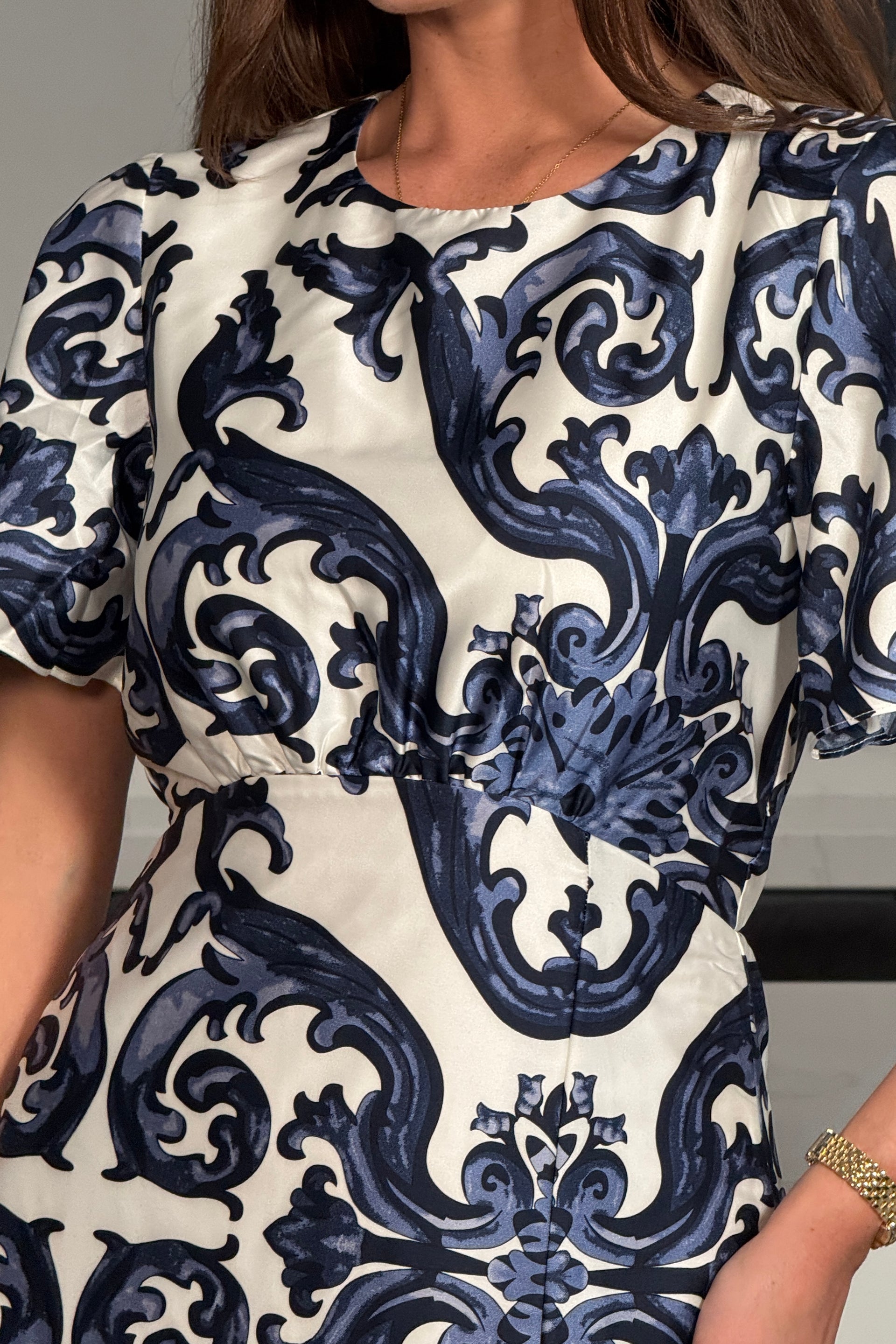 Britney Navy Print Angel Sleeve Midi Dress
