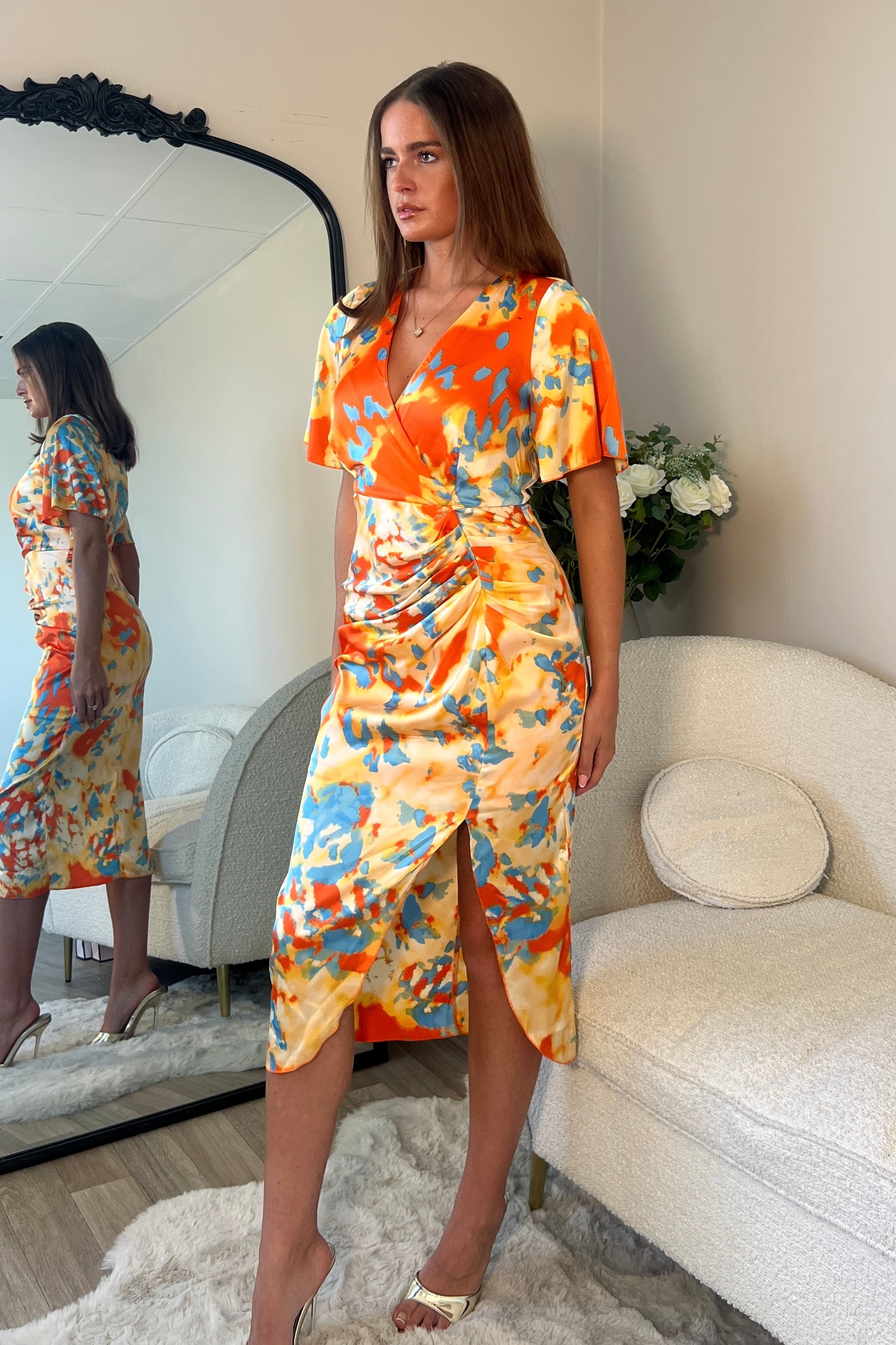 Isla Orange Blue abstract Midi Dress