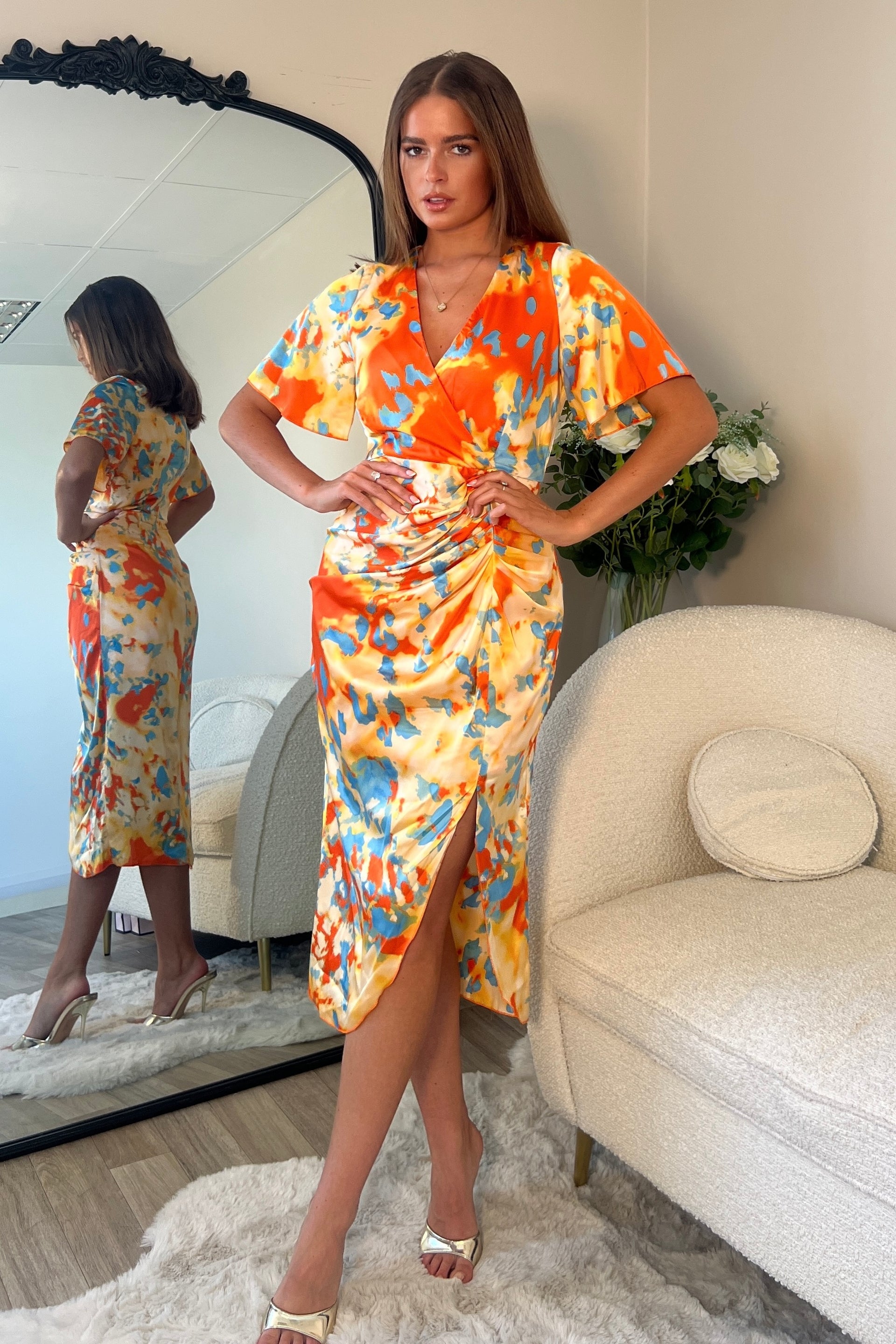 Isla Orange Blue abstract Midi Dress