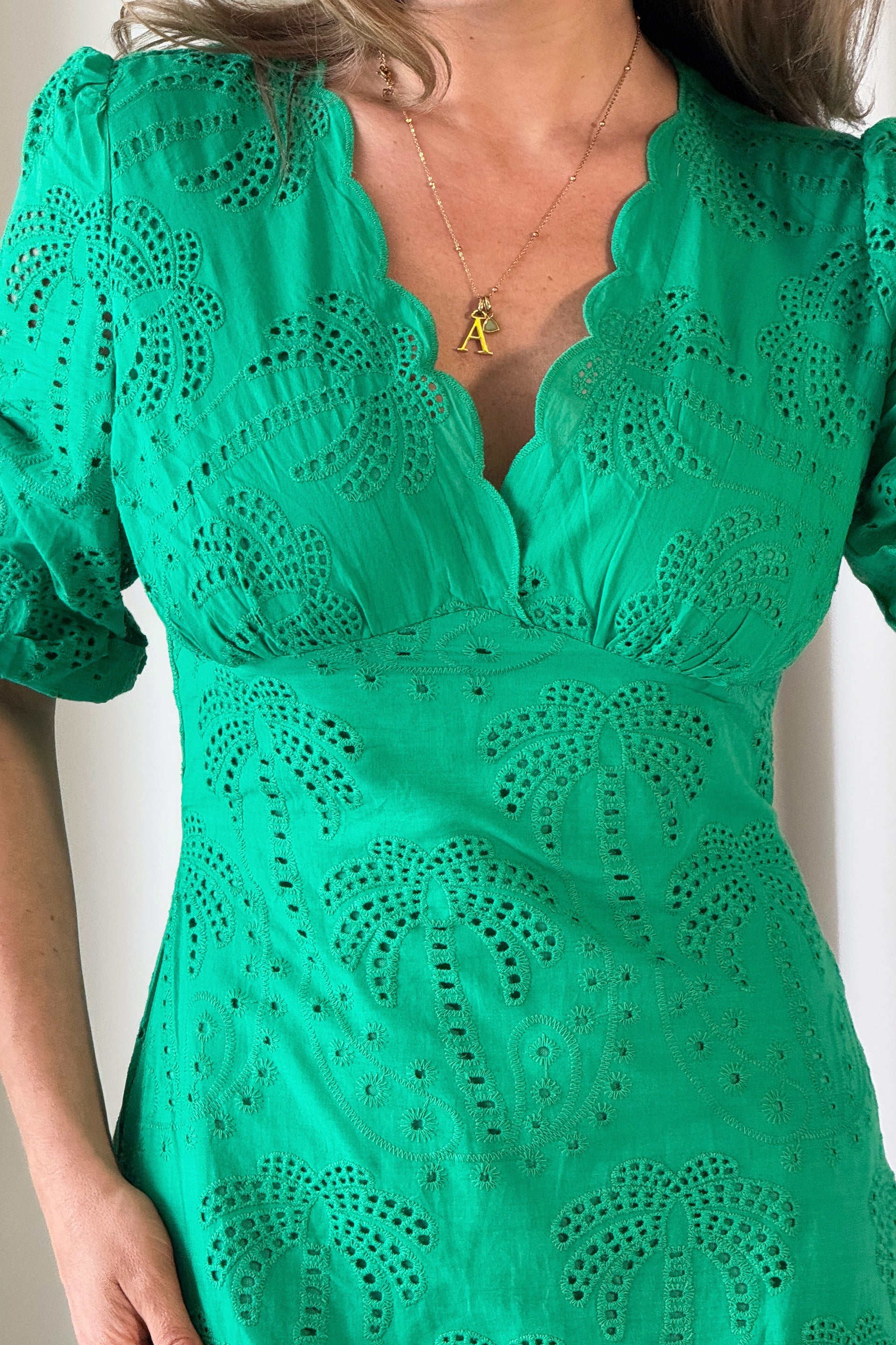 Aria Palm Broderie Dress Green