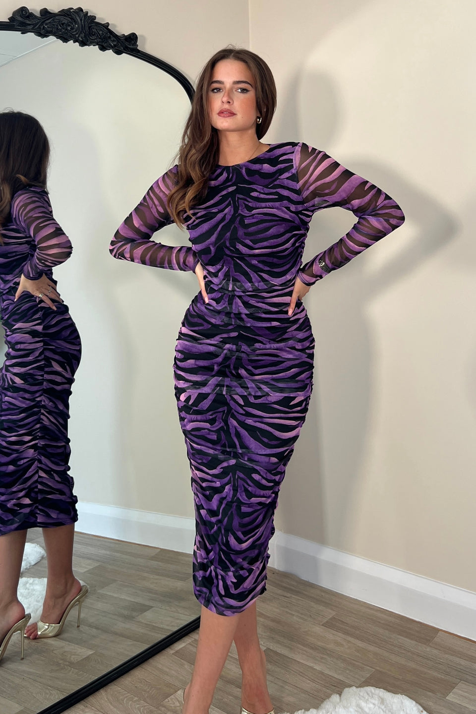 Lilah Long Sleeves Midi Mesh Dress Purple