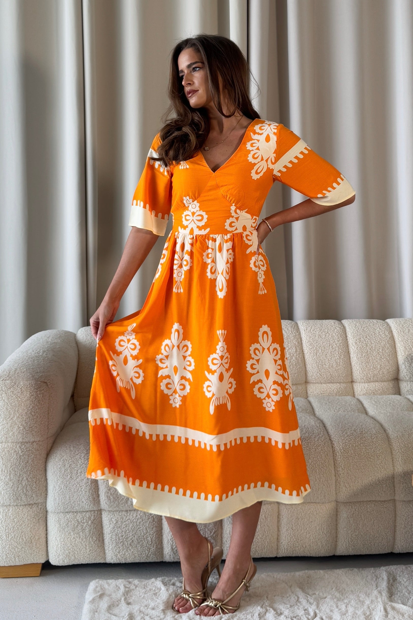 Suzanne Orange Boarder Midi Dress