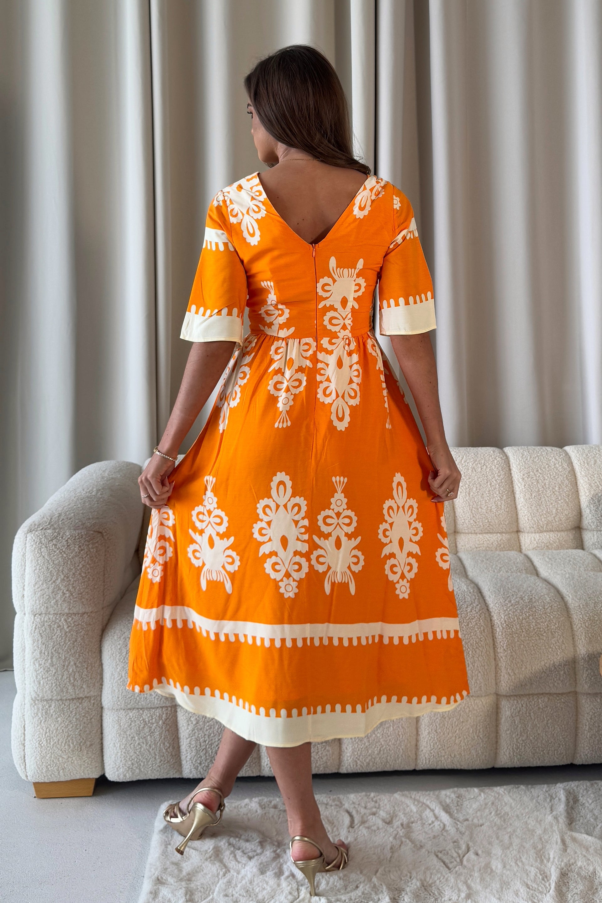 Suzanne Orange Boarder Midi Dress