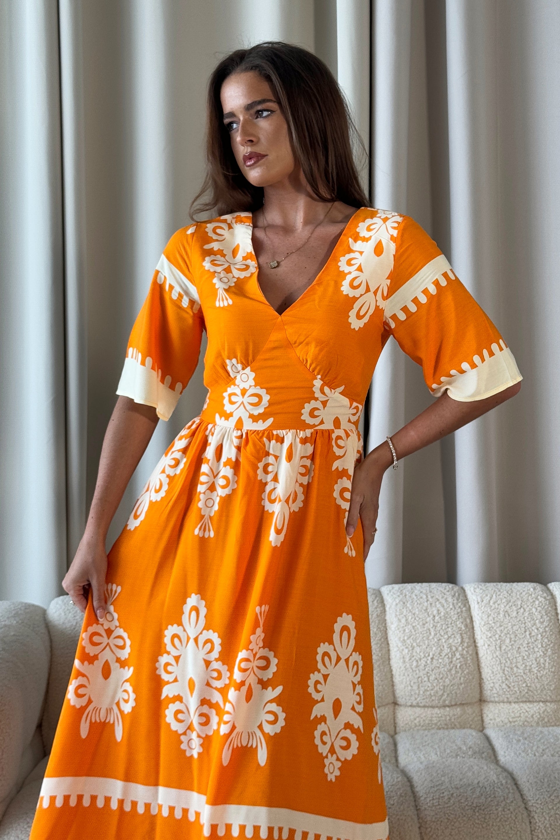 Suzanne Orange Boarder Midi Dress
