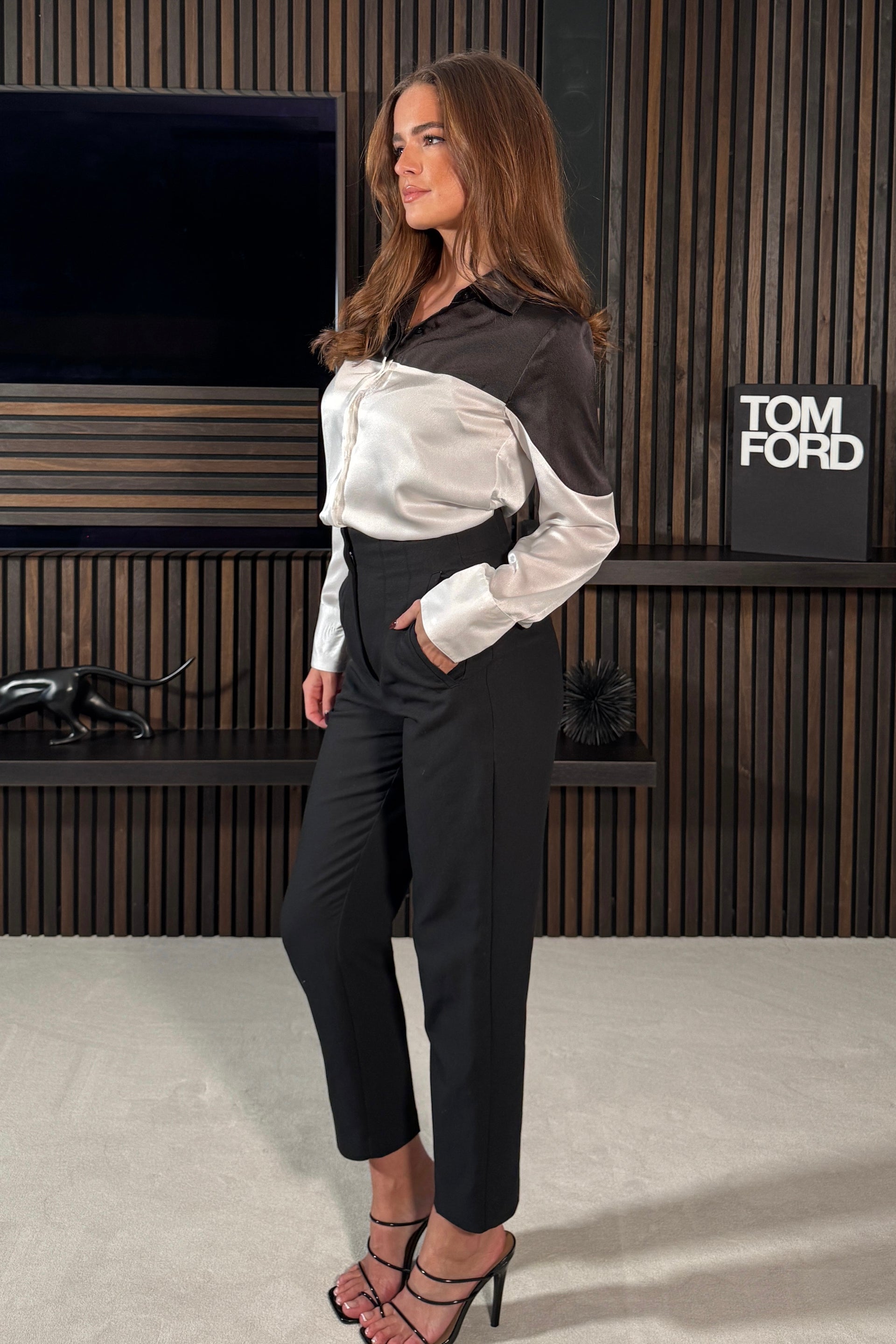 Magnolia White Black Satin Long Sleeves Shirt