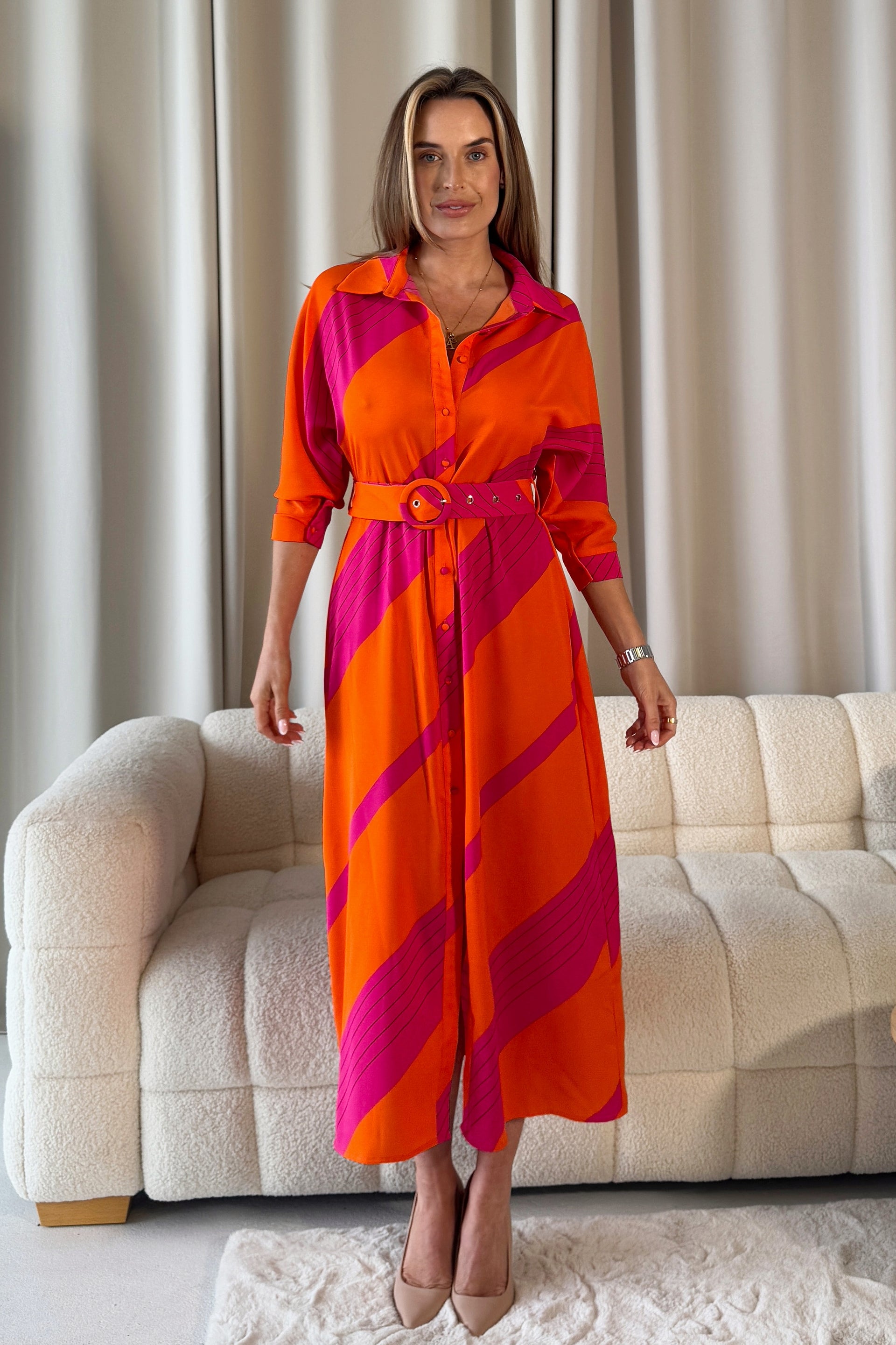 Adrian Orange Pink Buckle Wrap Shirt Dress
