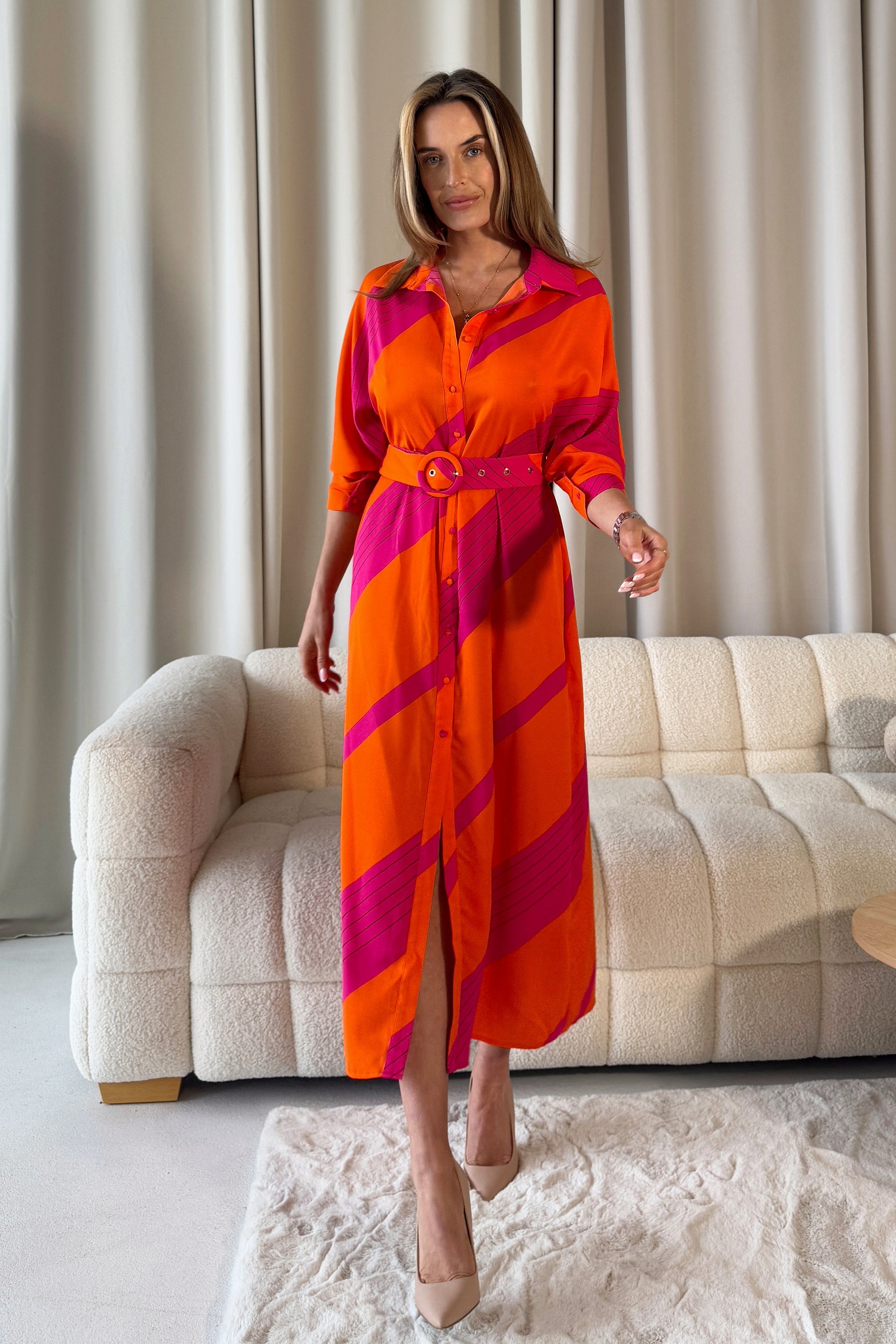 Adrian Orange Pink Buckle Wrap Shirt Dress