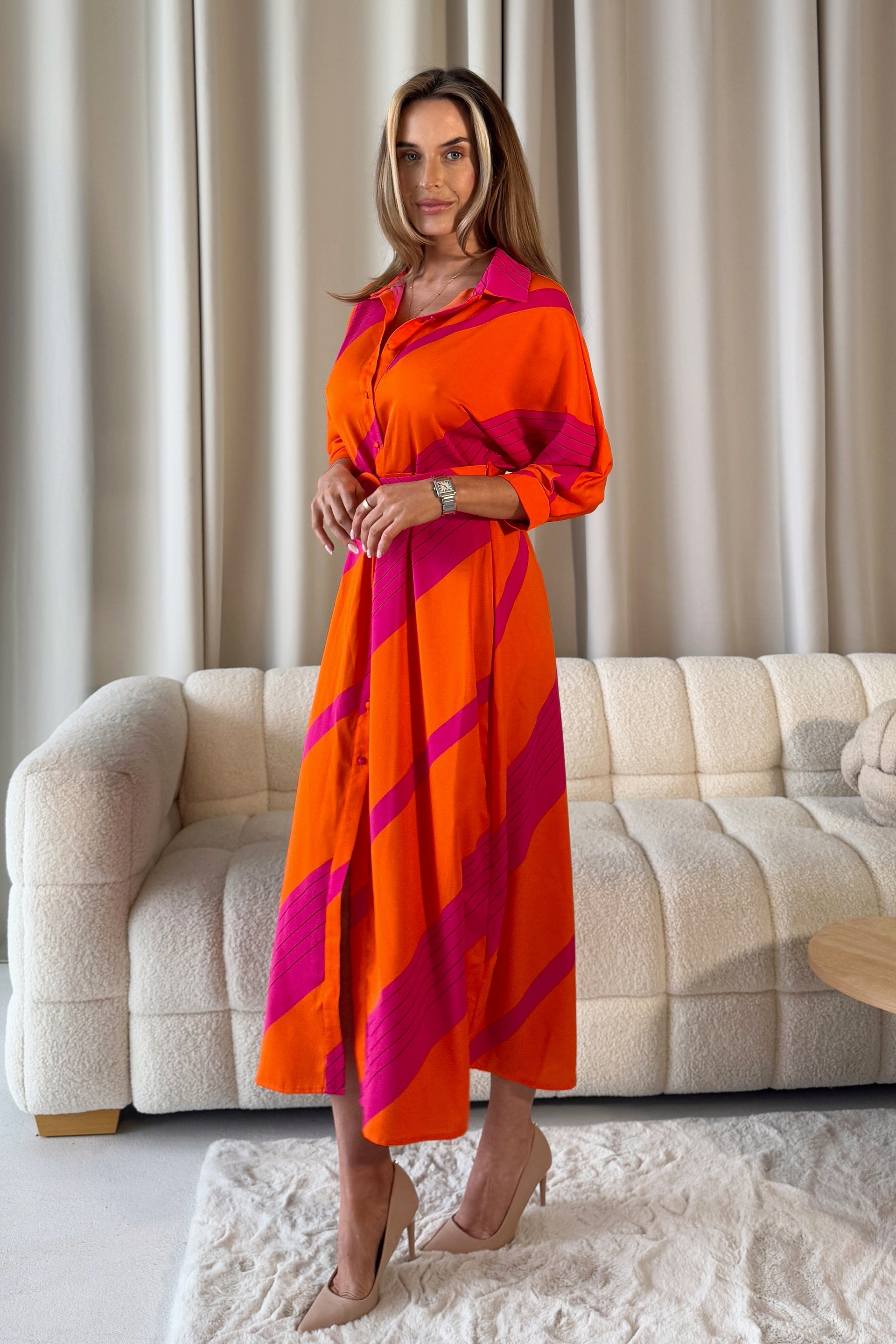 Adrian Orange Pink Buckle Wrap Shirt Dress