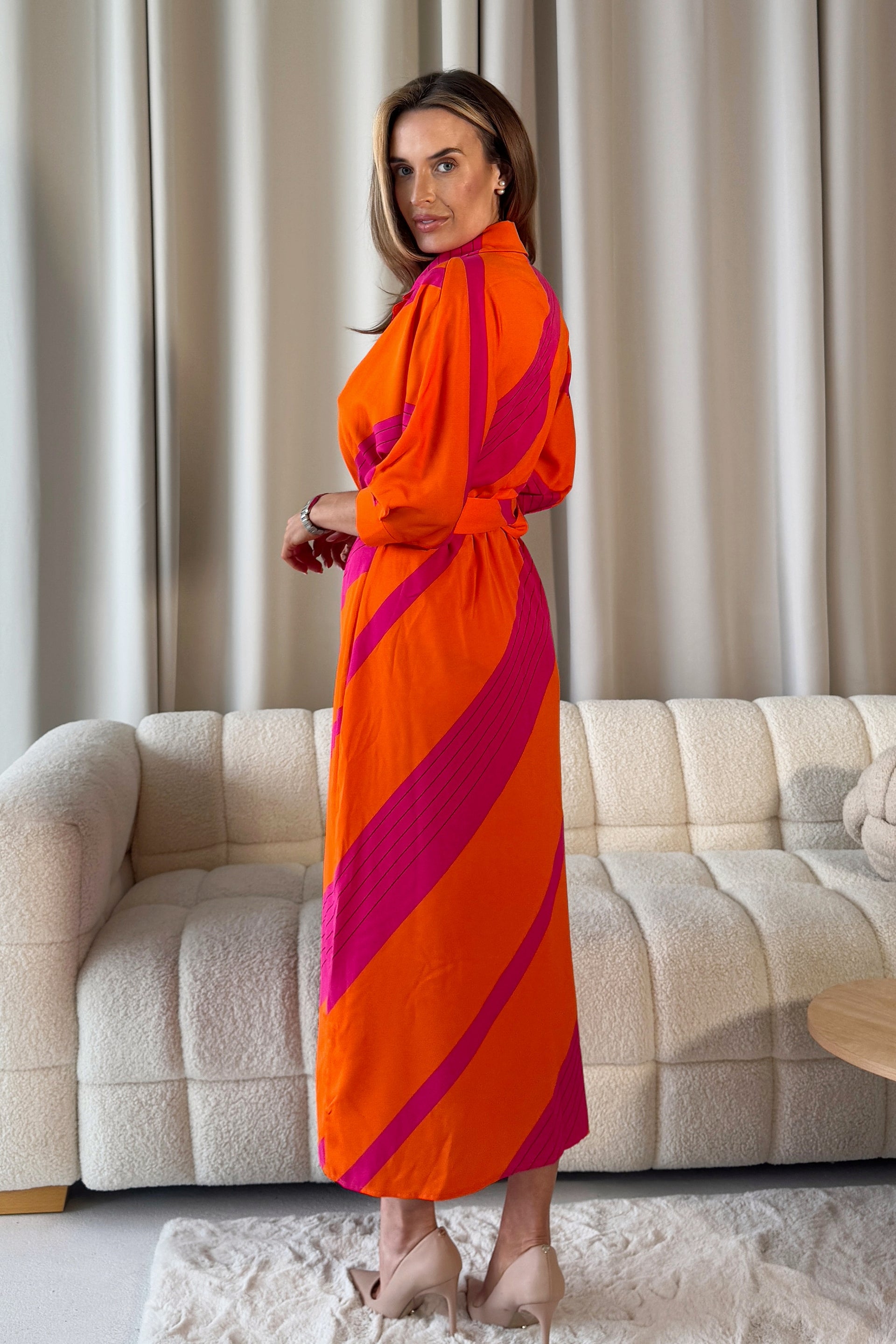 Adrian Orange Pink Buckle Wrap Shirt Dress