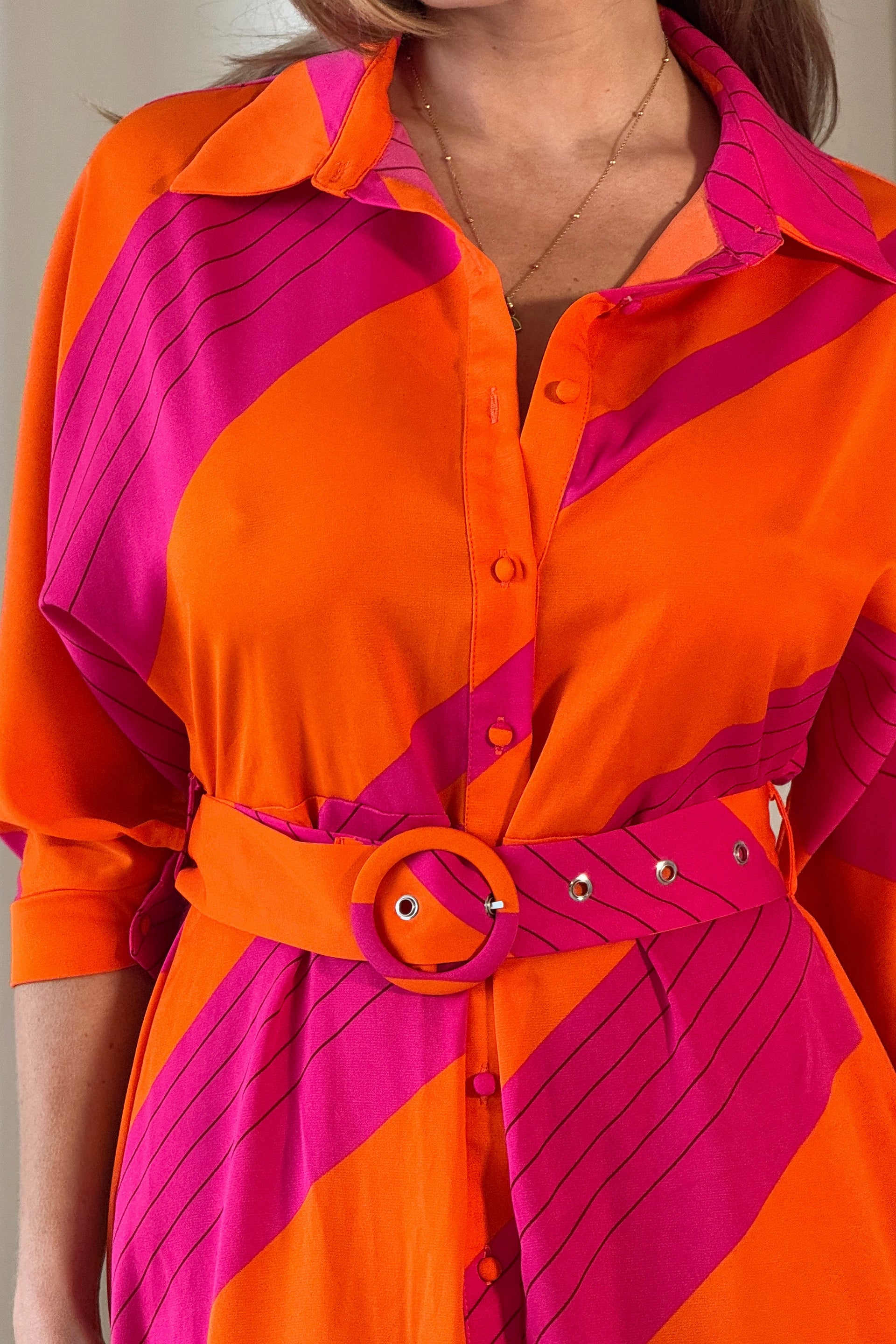 Adrian Orange Pink Buckle Wrap Shirt Dress