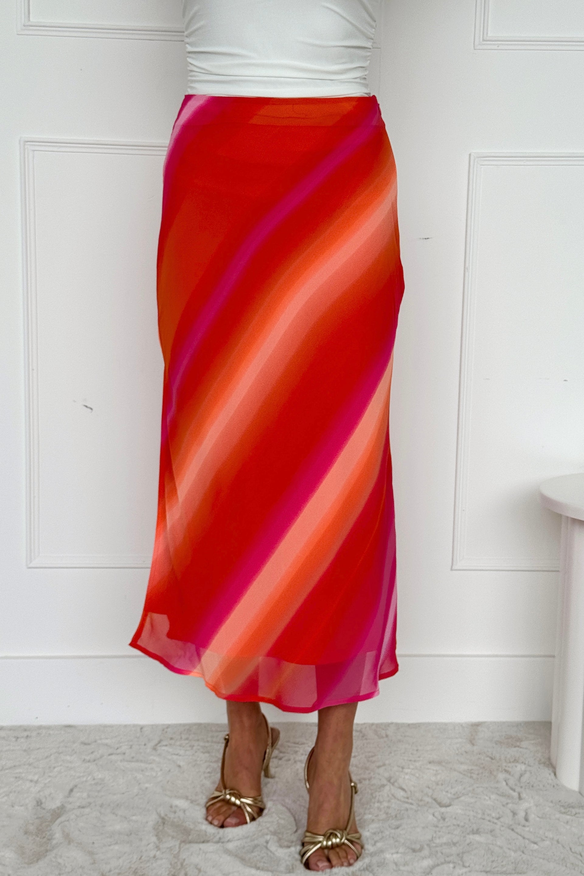 Nara Orange Sunset Stripe Midi Skirt