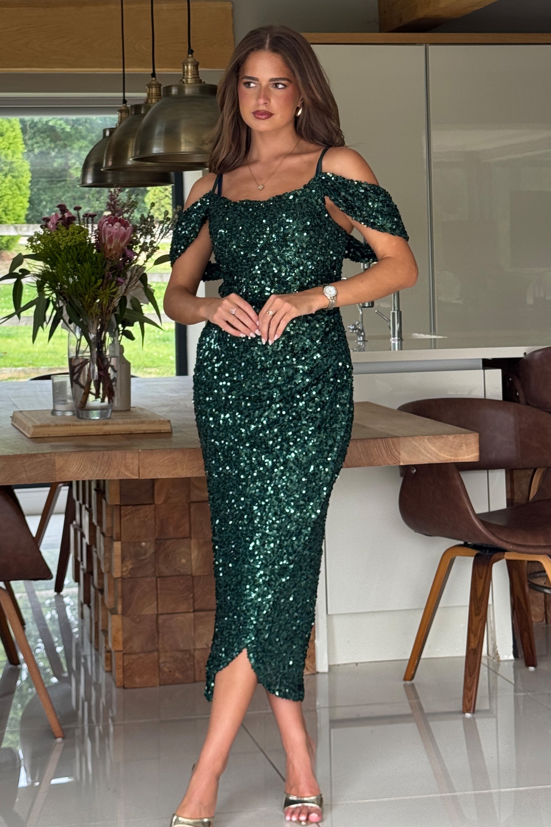 Camila Green Sequin Wrap Over Midi dress